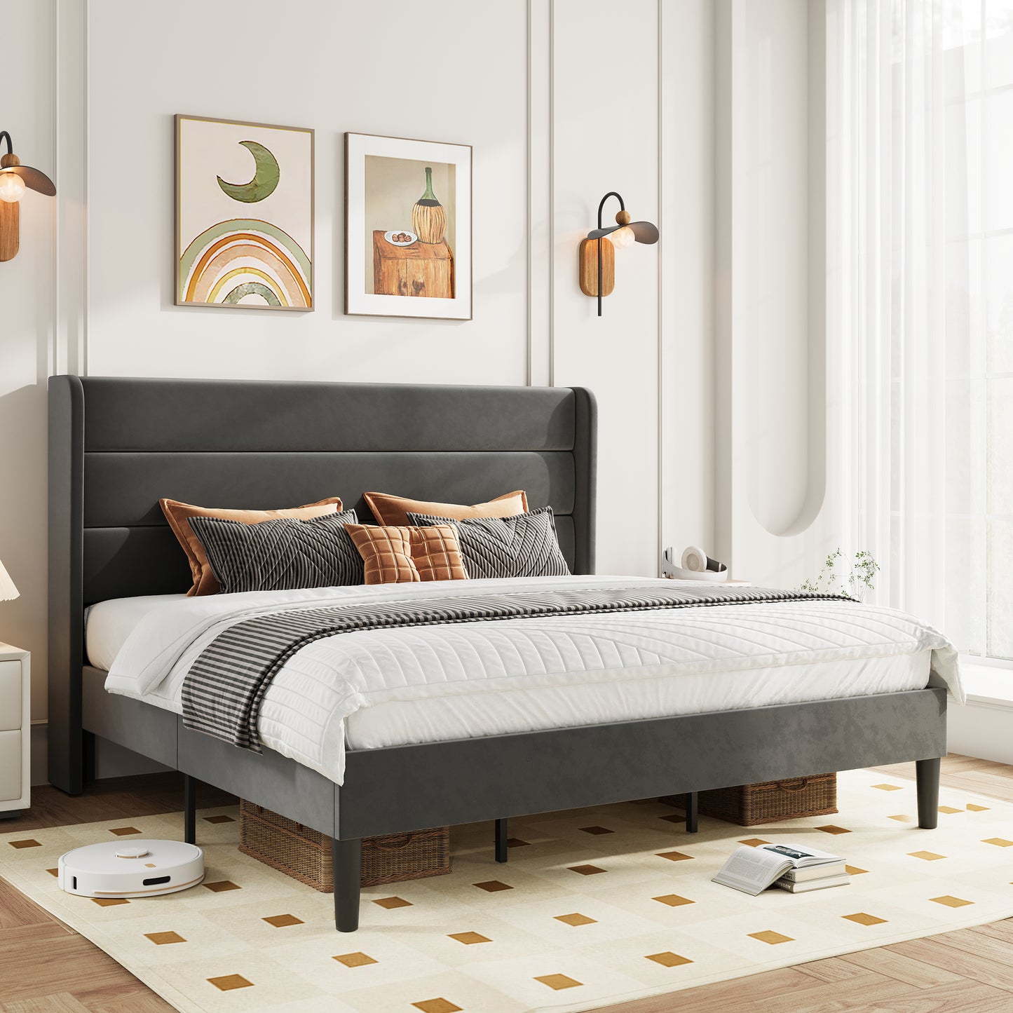 Amolife Platform Bed Frame with Velvet Upholstered Wingback Headboard