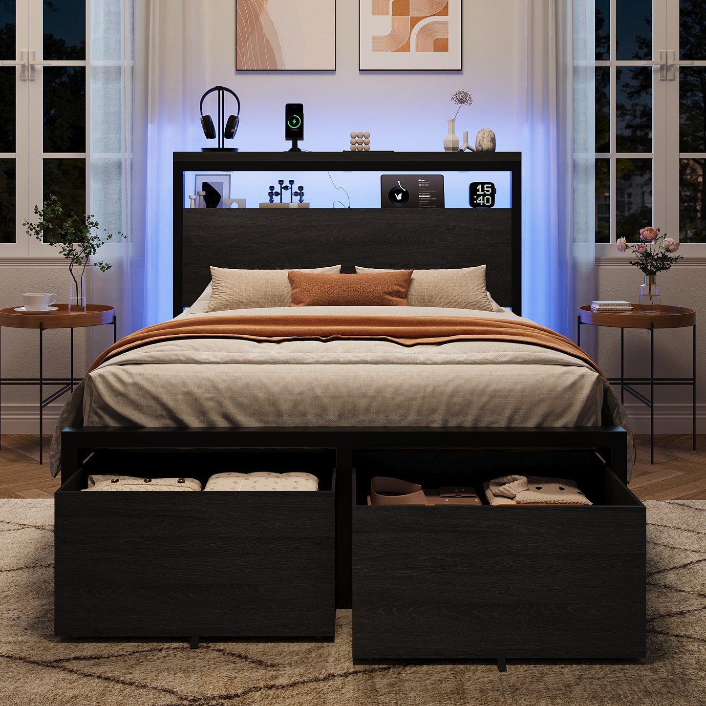 Amolife Storage Bed Frame, 2 Storage Drawers, 2-Tier Shelf Wood Headboard with Charging Station & LED Light, Black