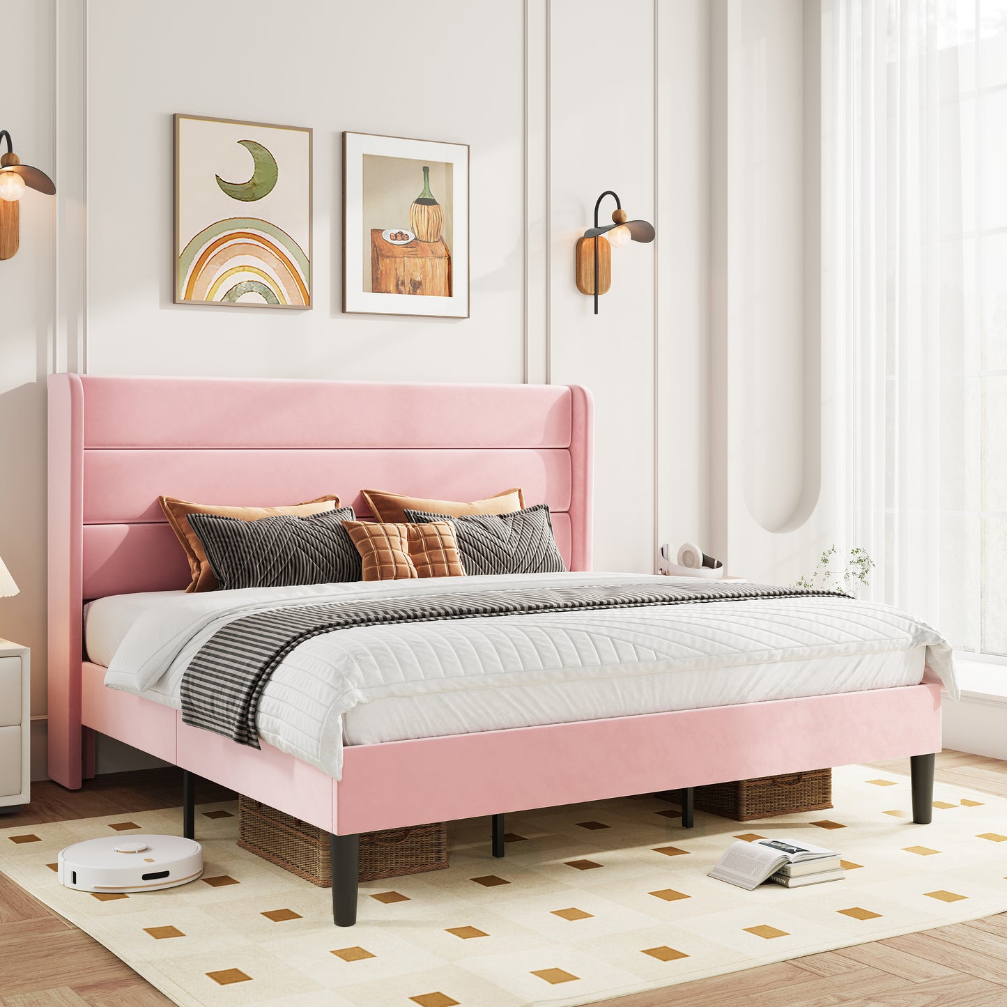 Amolife Platform Bed Frame with Velvet Upholstered Wingback Headboard