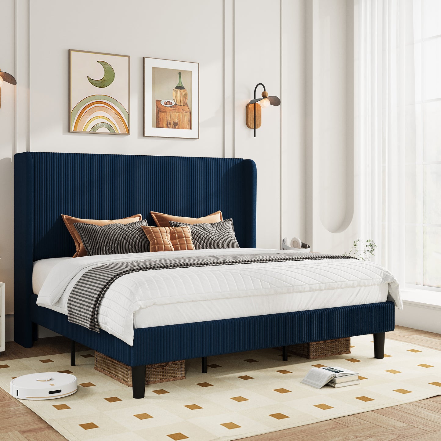 Amolife platform Bed Frame with Upholstered Wingback Headboard, Vertical Channel Tufted Corduroy Velvet