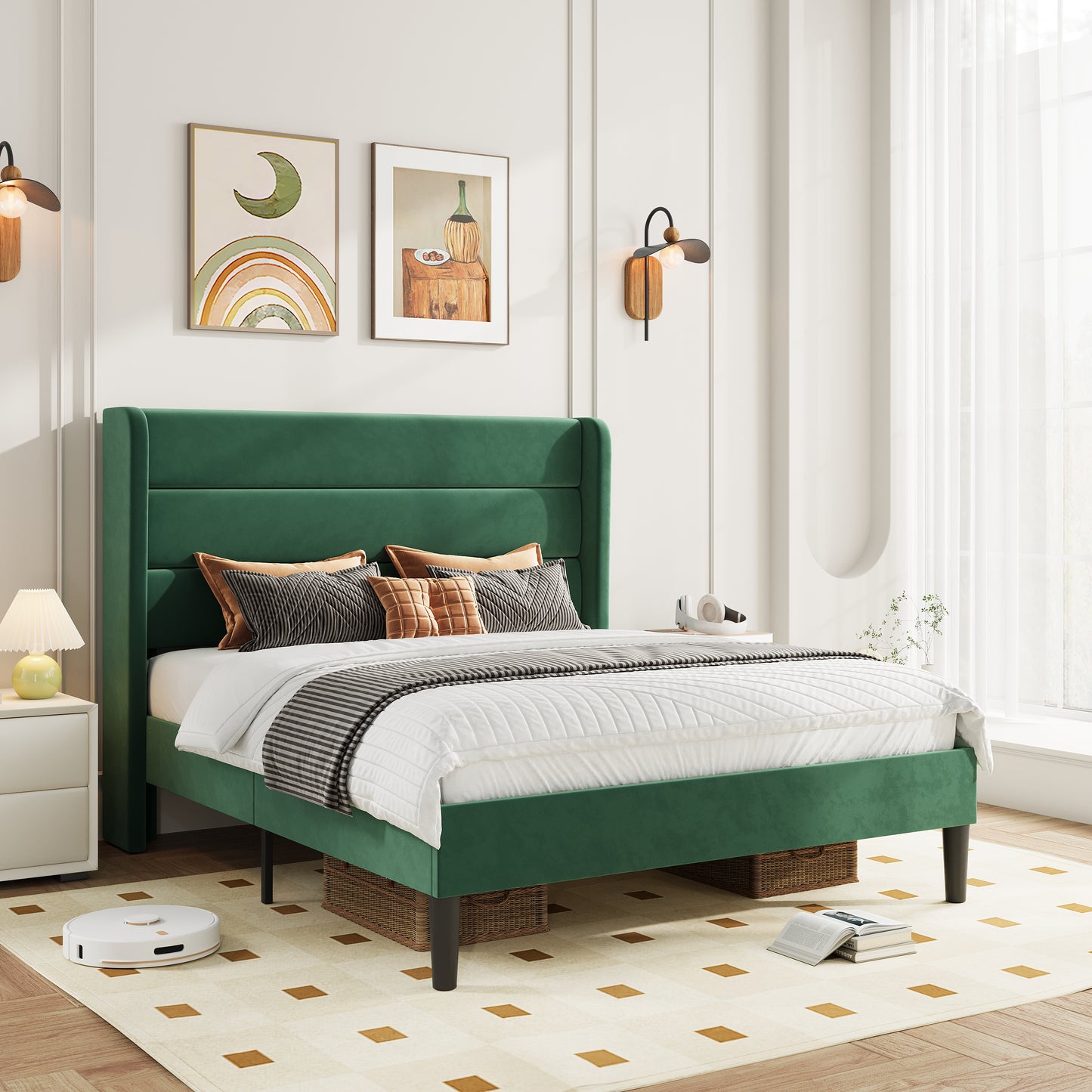 Amolife Platform Bed Frame with Velvet Upholstered Wingback Headboard