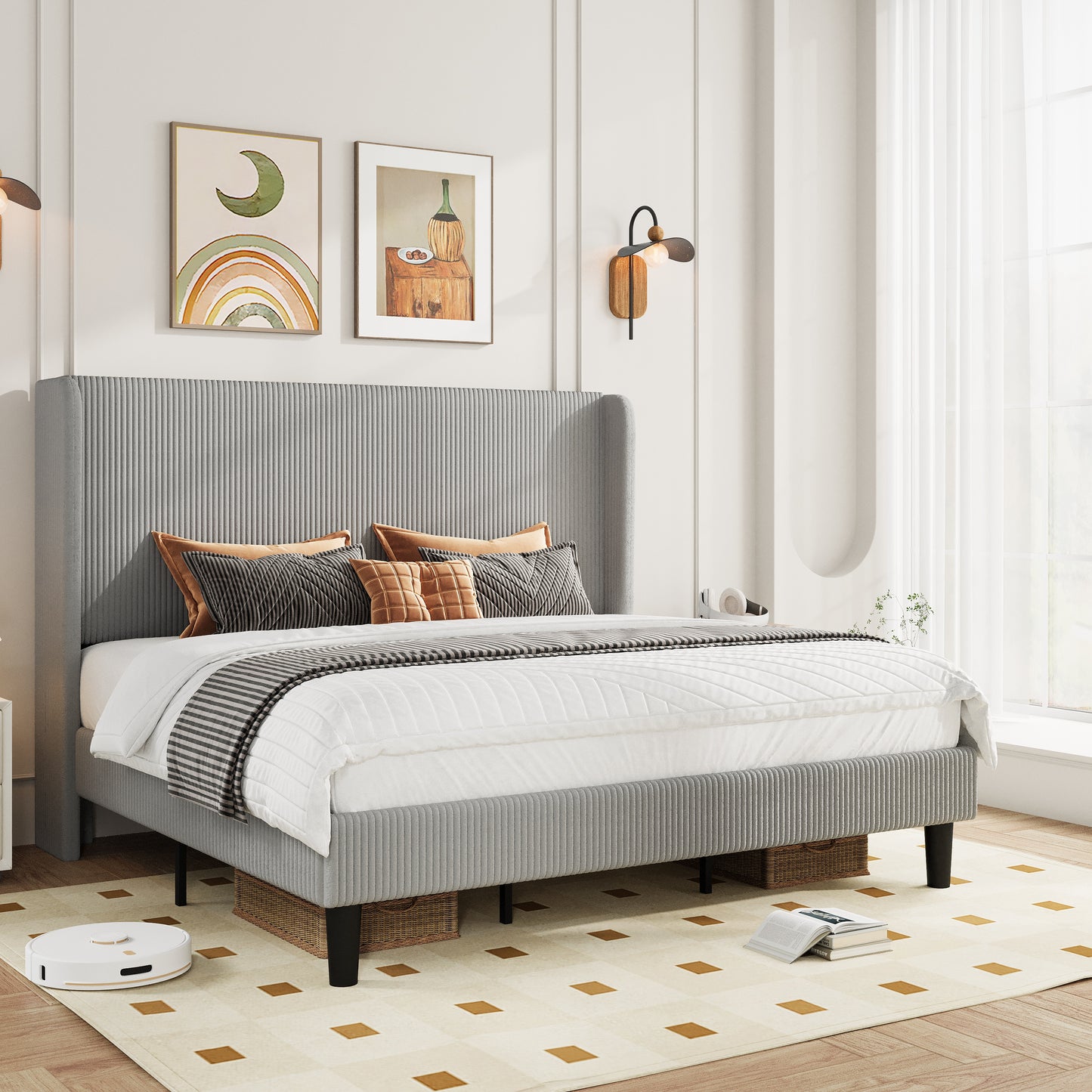 Amolife platform Bed Frame with Upholstered Wingback Headboard, Vertical Channel Tufted Corduroy Velvet