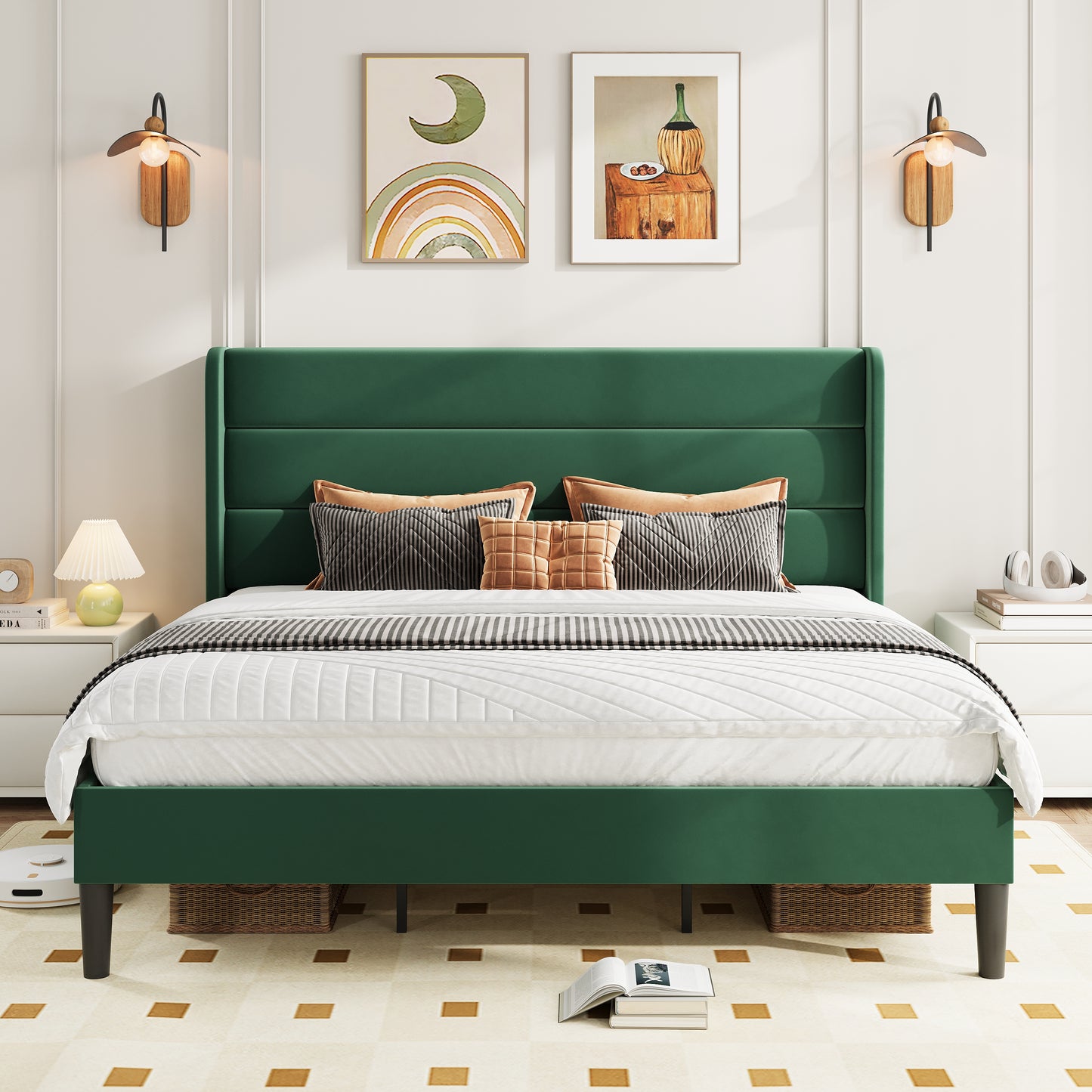 Amolife Platform Bed Frame with Velvet Upholstered Wingback Headboard