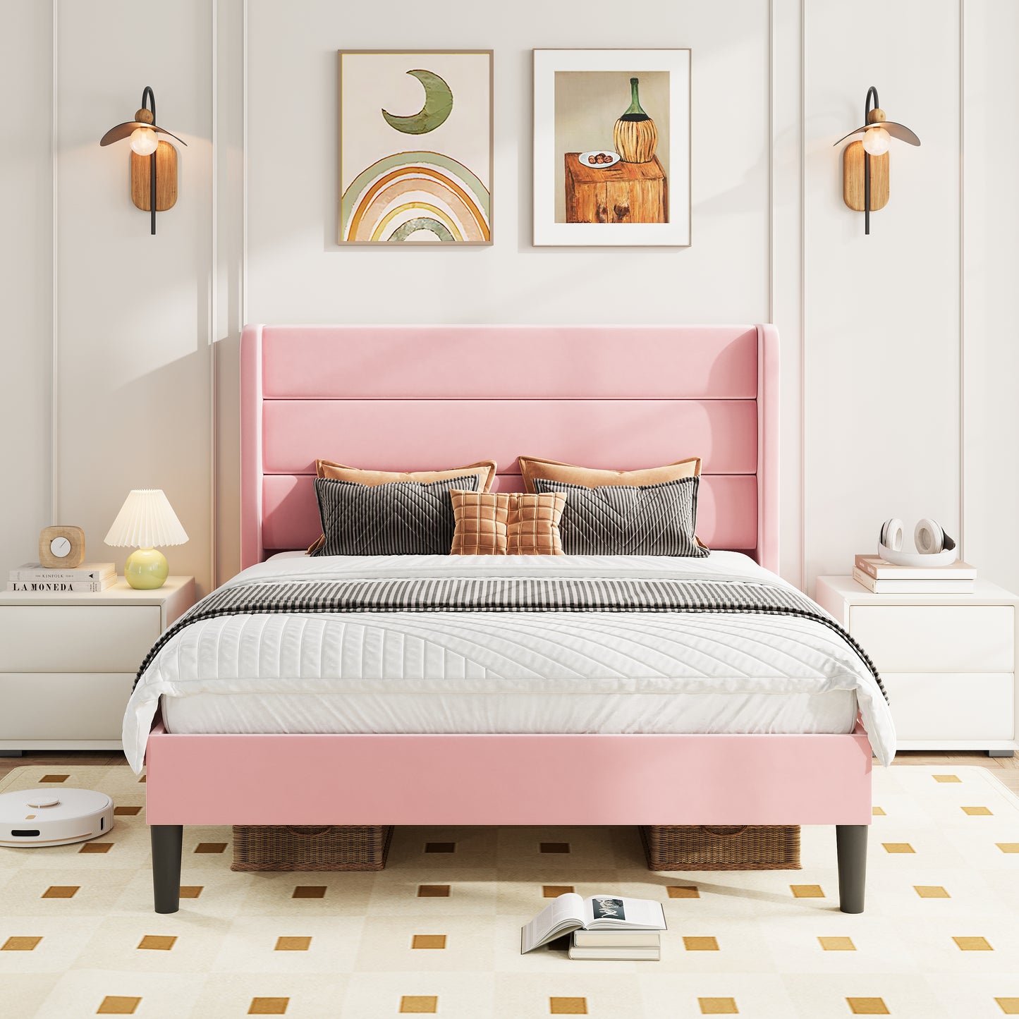 Amolife Platform Bed Frame with Velvet Upholstered Wingback Headboard
