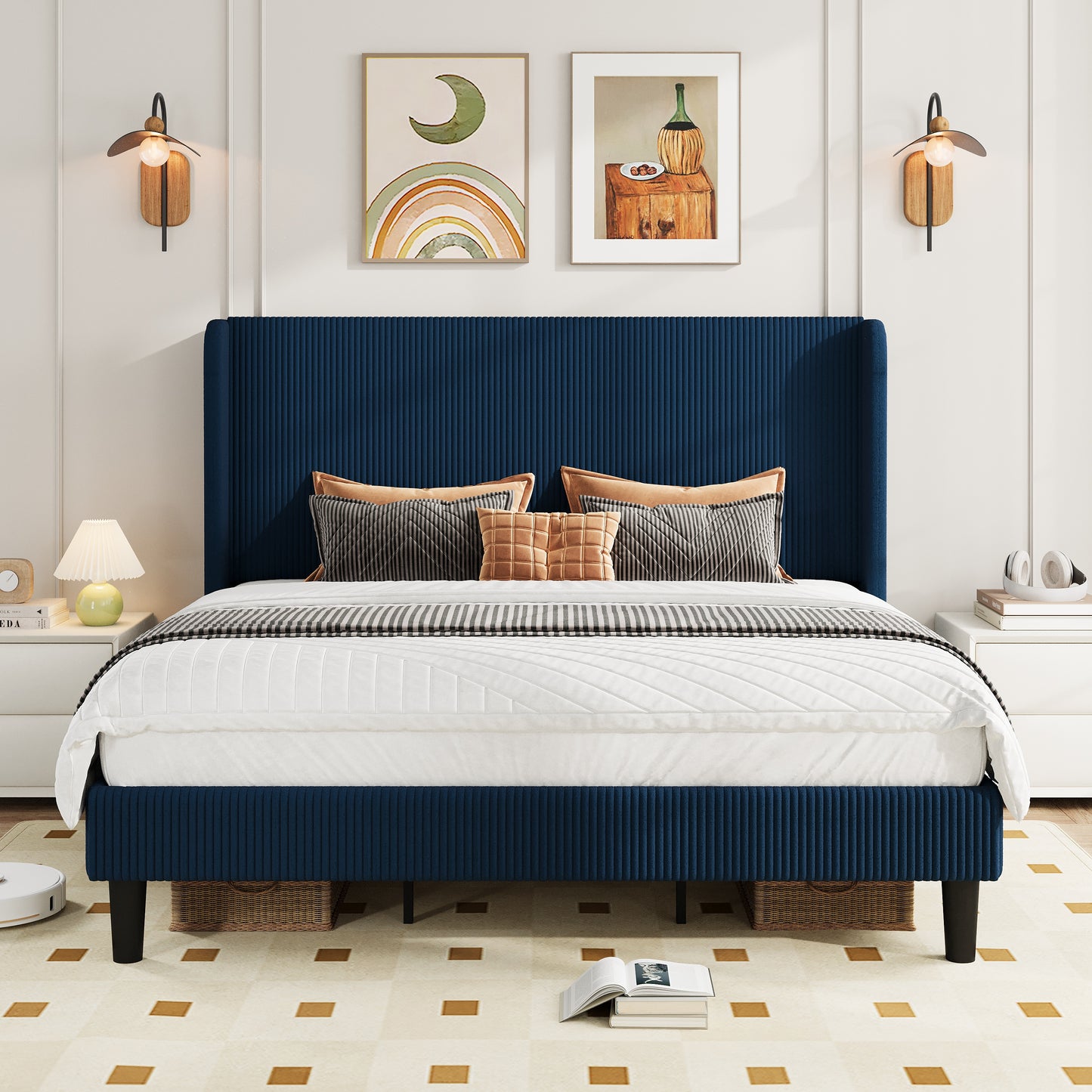 Amolife platform Bed Frame with Upholstered Wingback Headboard, Vertical Channel Tufted Corduroy Velvet