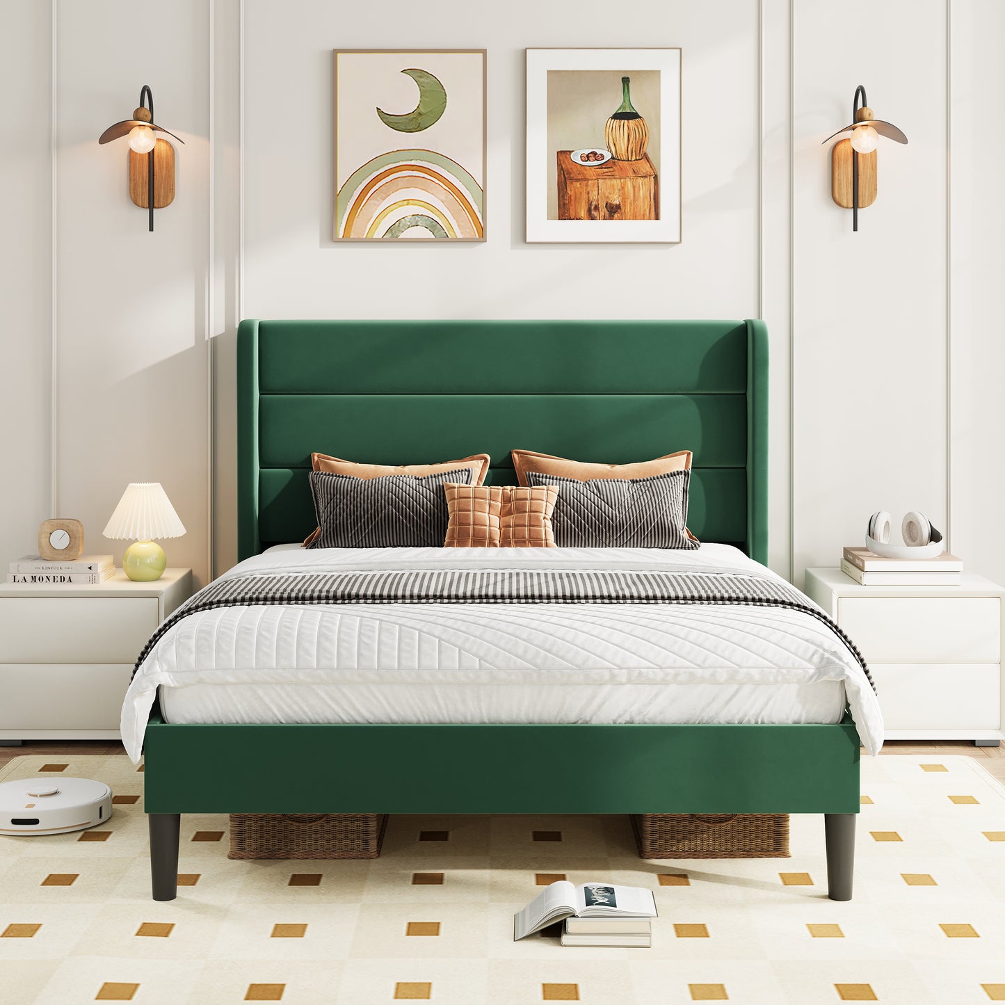 Amolife Platform Bed Frame with Velvet Upholstered Wingback Headboard