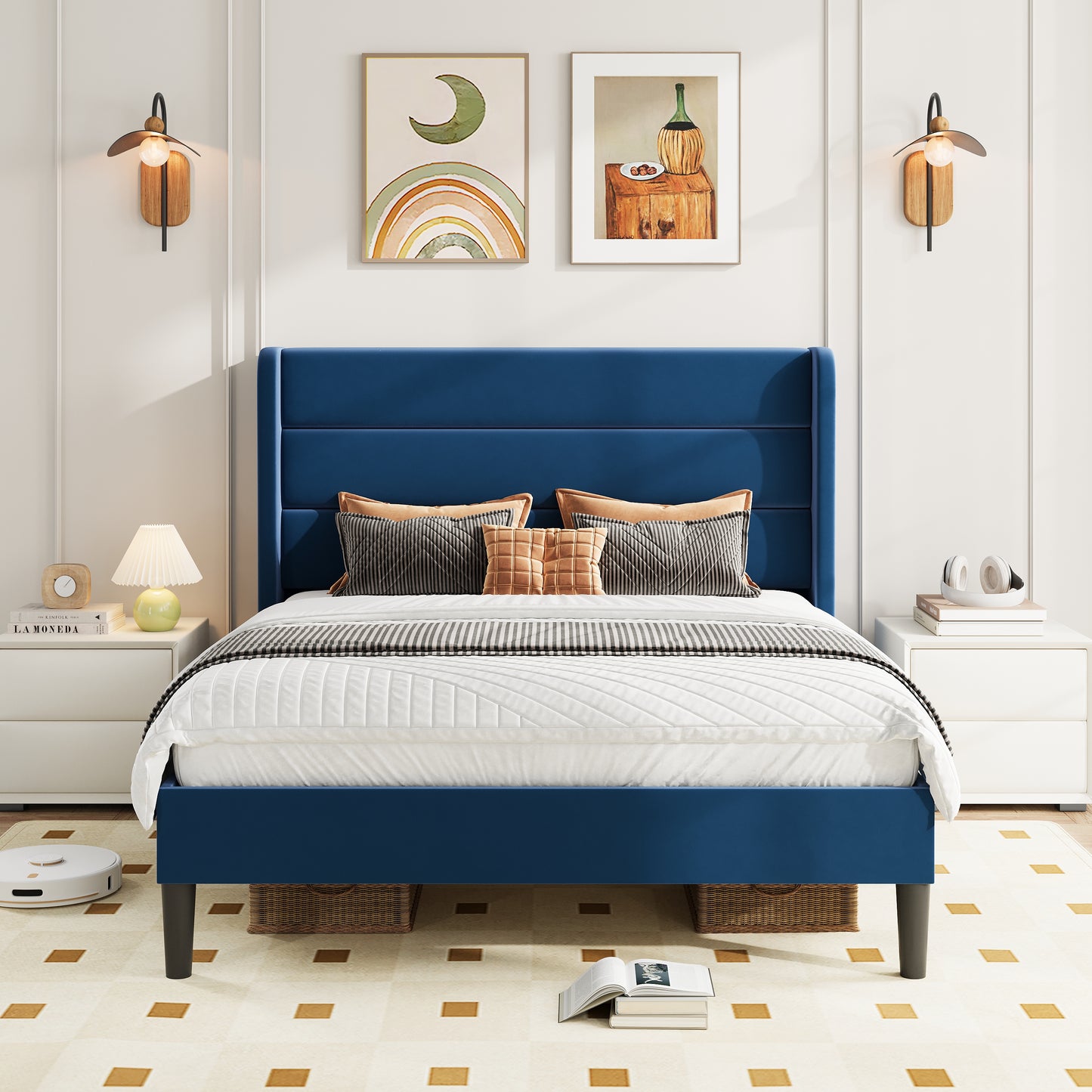 Amolife Platform Bed Frame with Velvet Upholstered Wingback Headboard