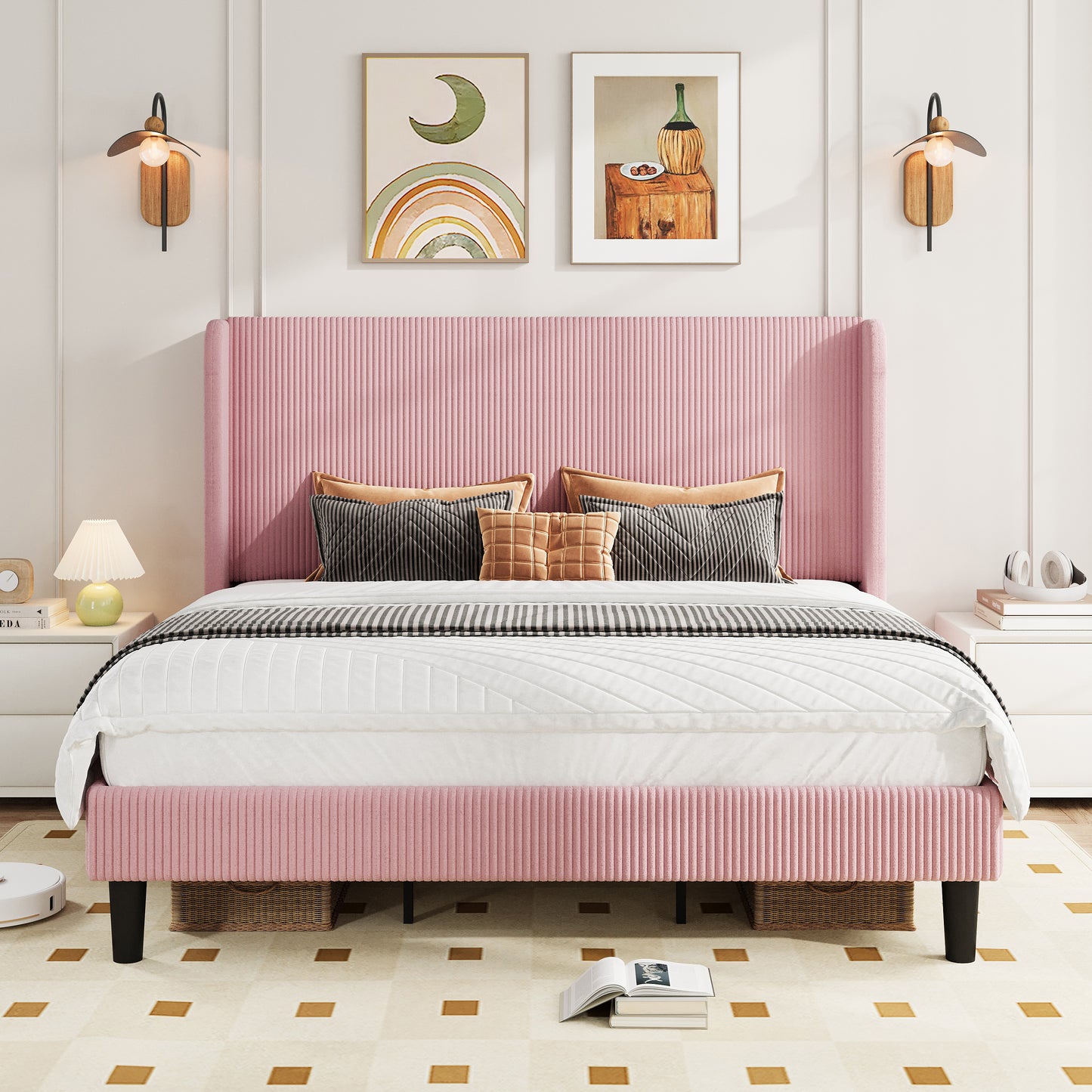 Amolife platform Bed Frame with Upholstered Wingback Headboard, Vertical Channel Tufted Corduroy Velvet