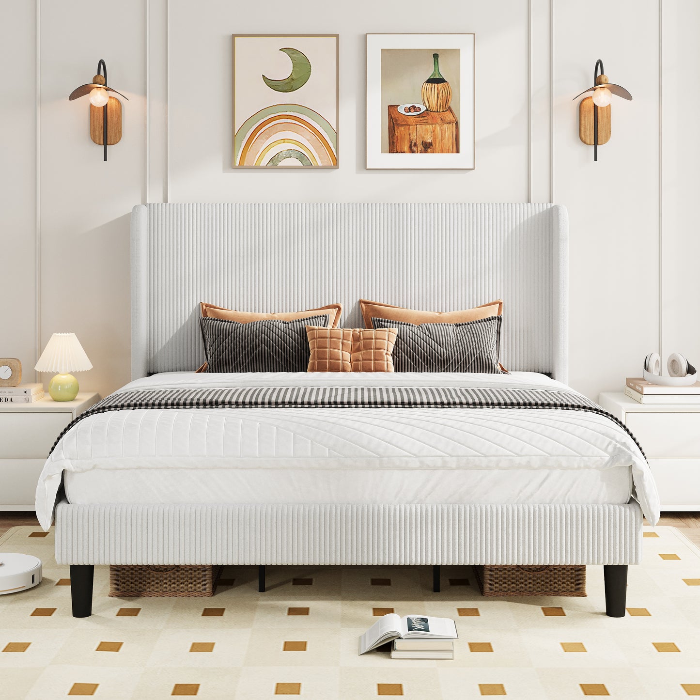 Amolife platform Bed Frame with Upholstered Wingback Headboard, Vertical Channel Tufted Corduroy Velvet