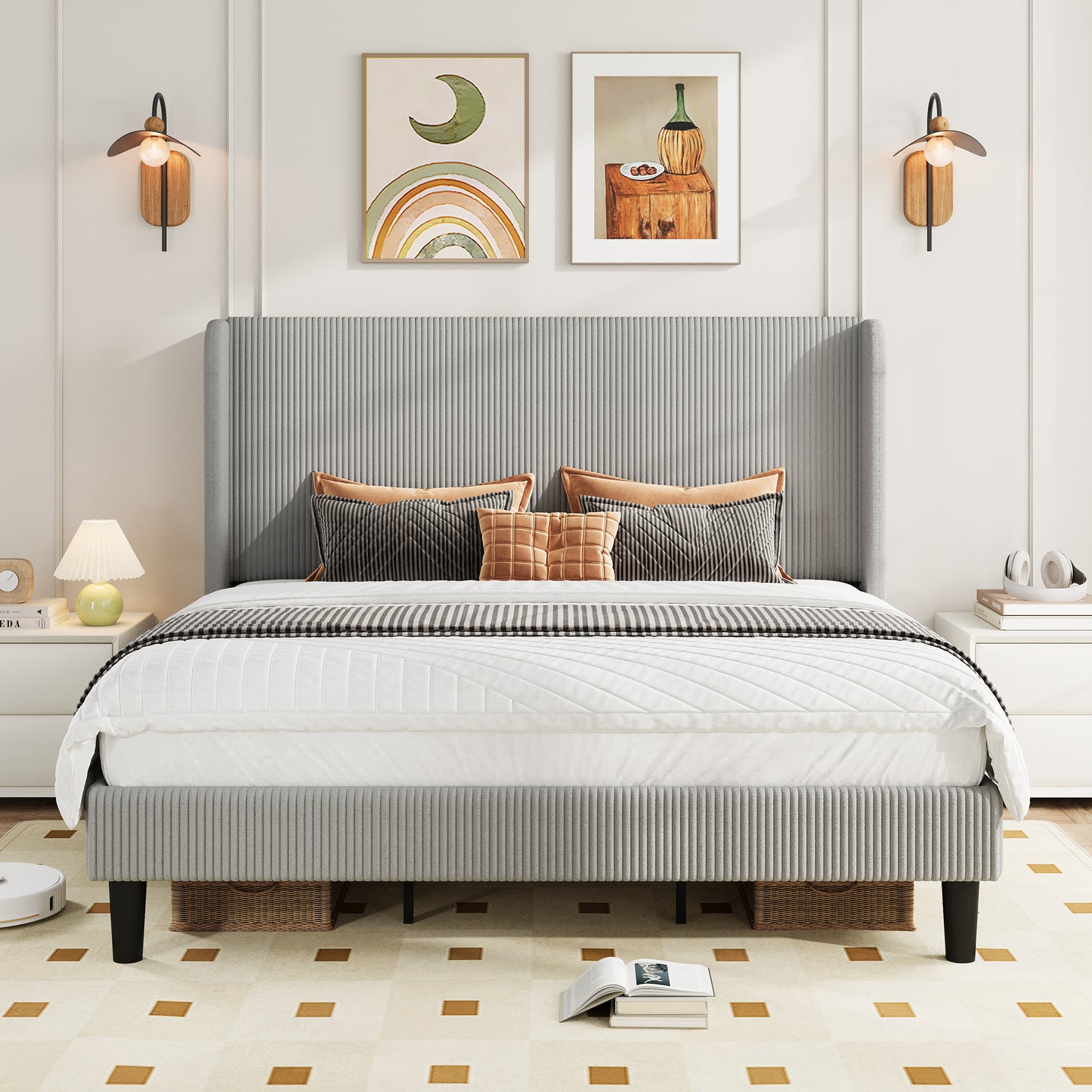 Amolife platform Bed Frame with Upholstered Wingback Headboard, Vertical Channel Tufted Corduroy Velvet