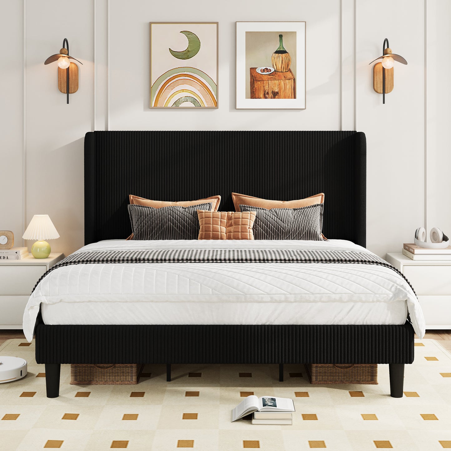 Amolife platform Bed Frame with Upholstered Wingback Headboard, Vertical Channel Tufted Corduroy Velvet