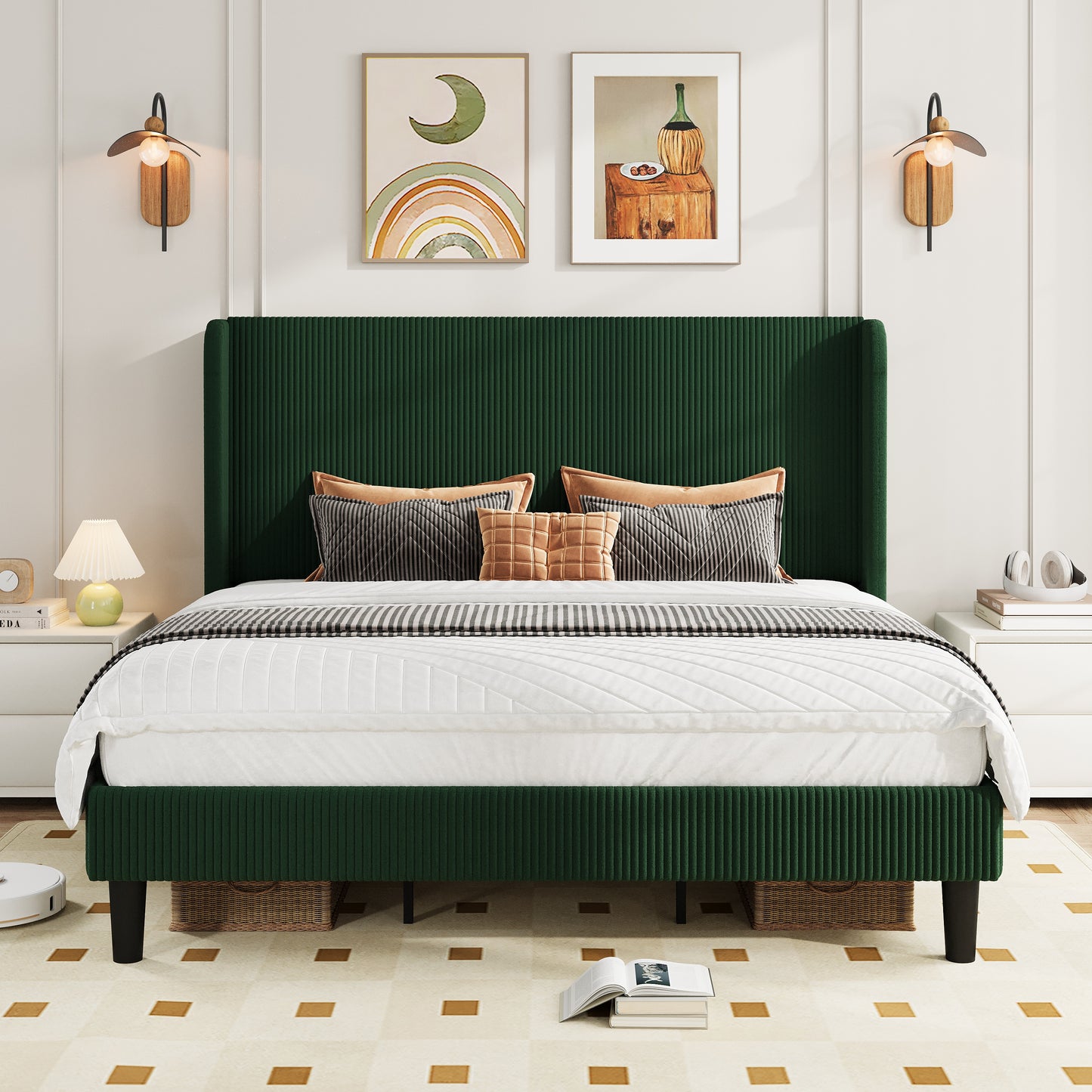 Amolife platform Bed Frame with Upholstered Wingback Headboard, Vertical Channel Tufted Corduroy Velvet