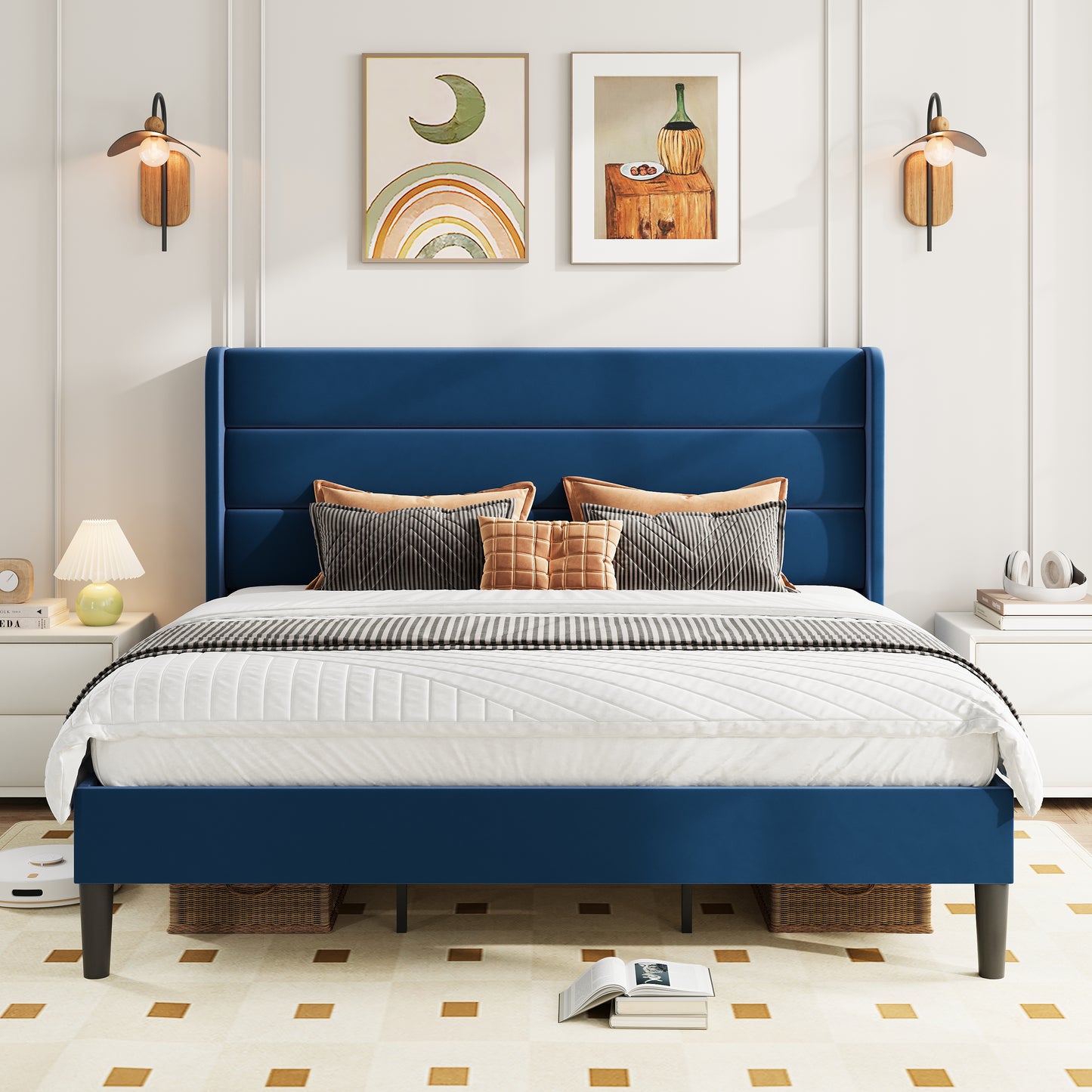 Amolife Platform Bed Frame with Velvet Upholstered Wingback Headboard