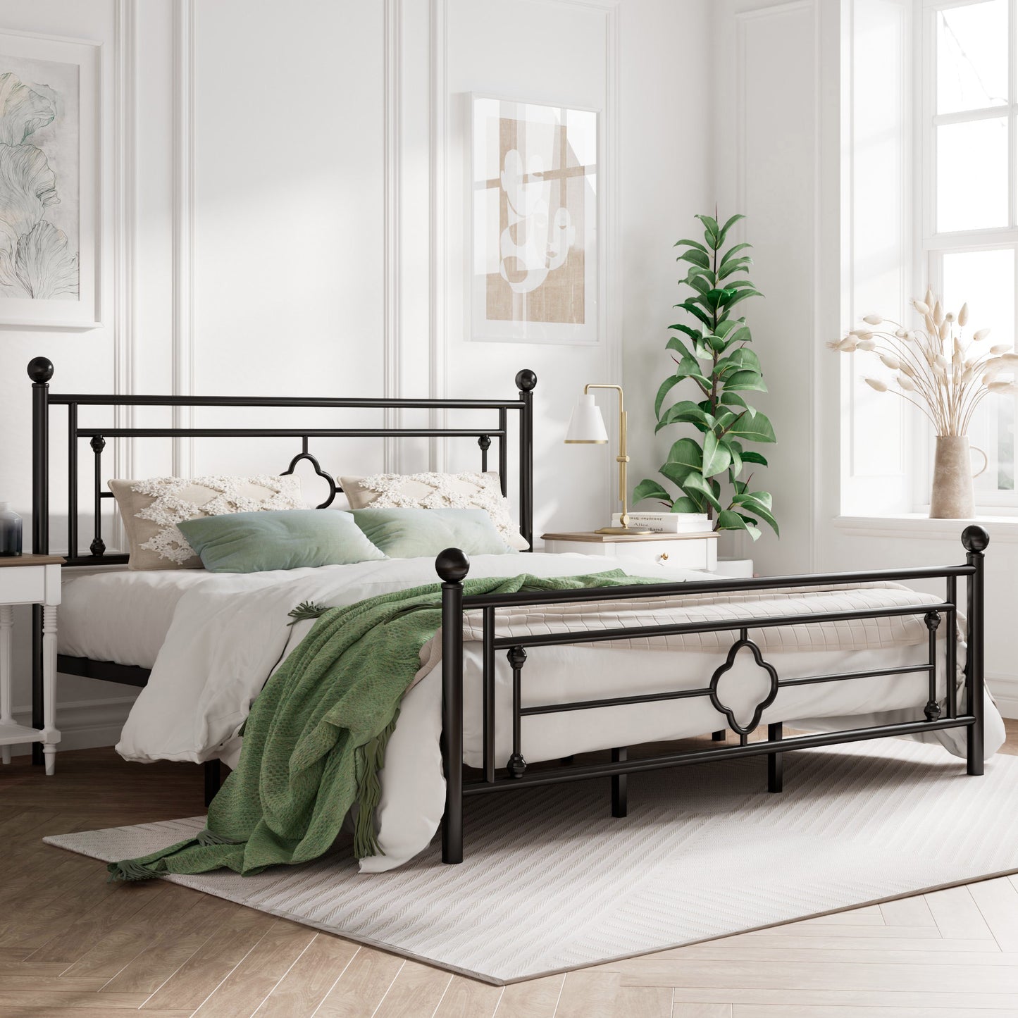 Queen Size Metal Bed Frame with Vintage Cross Pattern Headboard and Footboard, Black