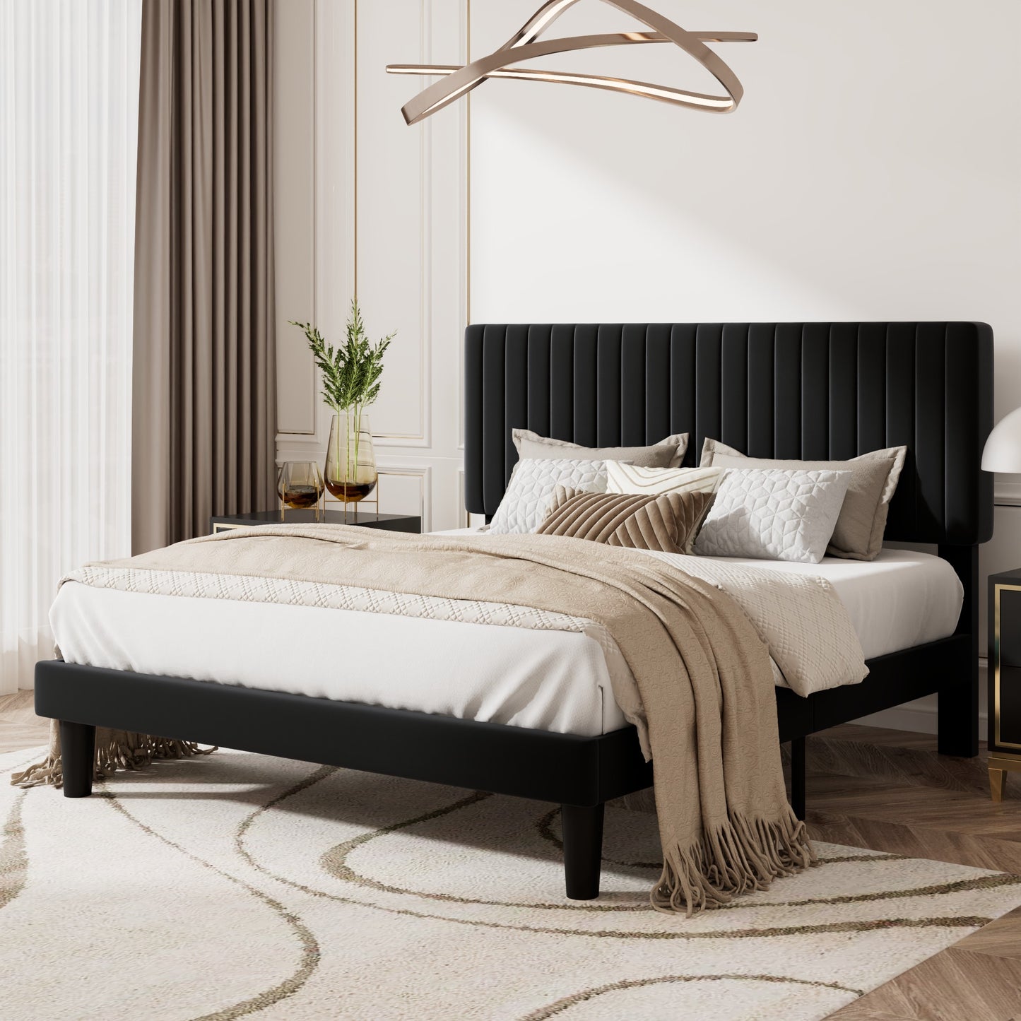 Upholstered Platform Bed Frame with Vertical Channel Tufted Velvet Headboard
