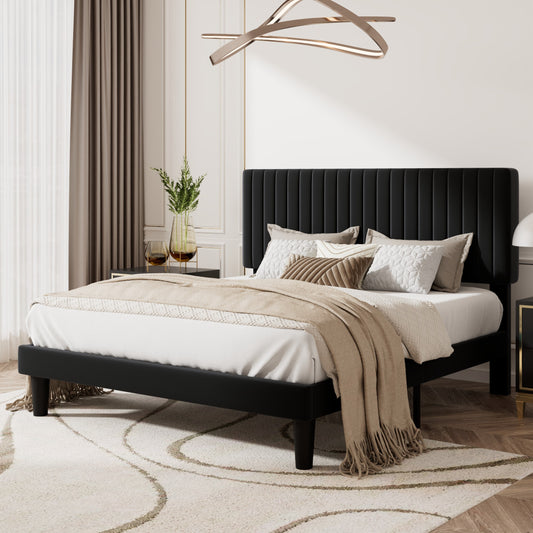 Upholstered Platform Bed Frame with Vertical Channel Tufted Velvet Headboard