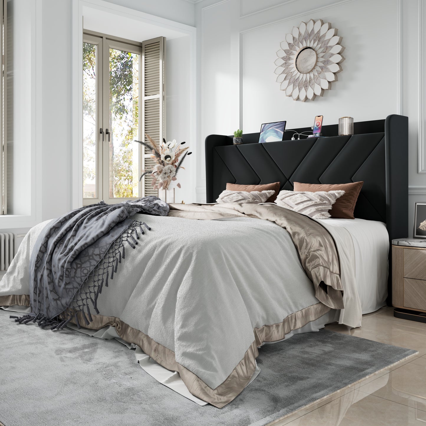Amolife Platform Bed Frame with 4-in-1 Charging Station & Storage Shelf, Upholstered Velvet Wingback Headboard