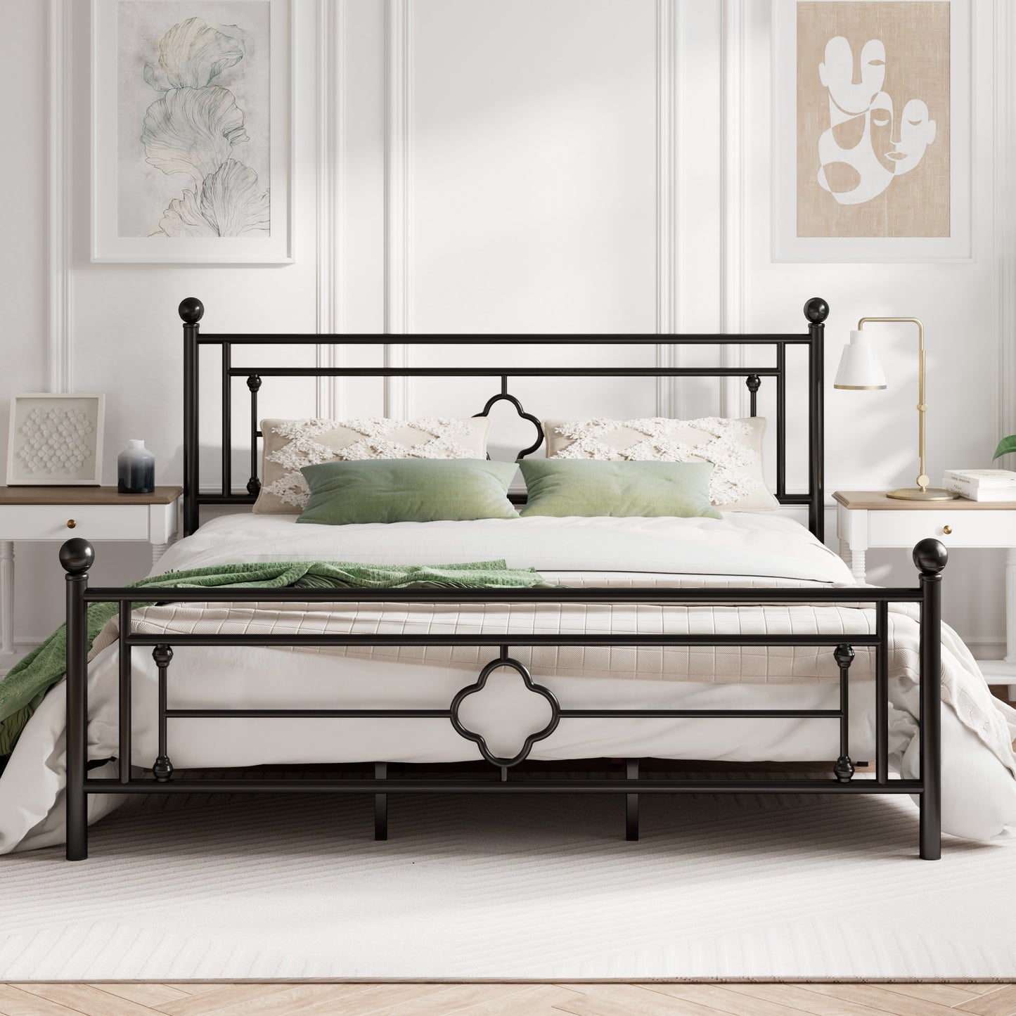 Queen Size Metal Bed Frame with Vintage Cross Pattern Headboard and Footboard, Black