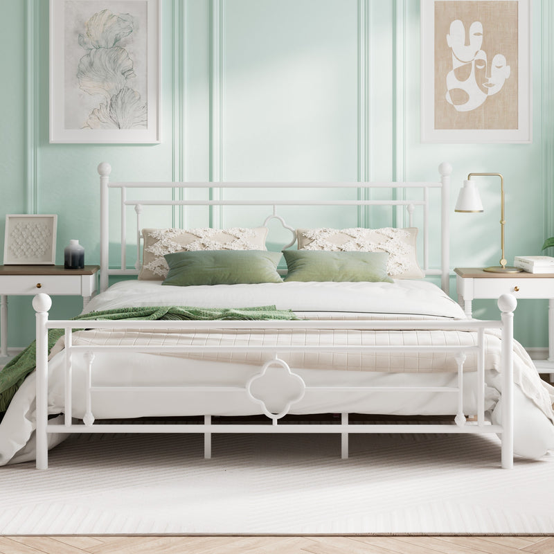 Queen Size Metal Bed Frame with Vintage Cross Pattern Headboard and Footboard, Black