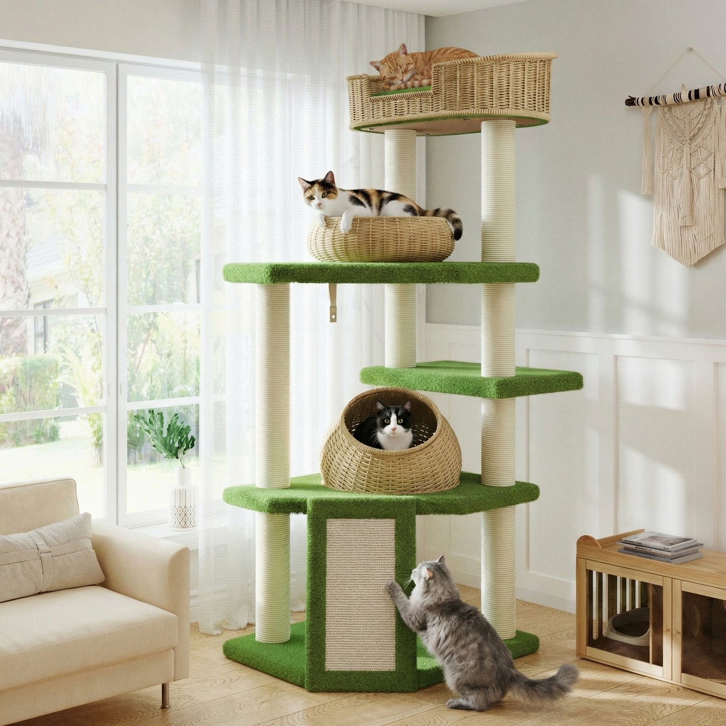 Amolife 57" Large Cat Tree Tower with Teddy Fleece Rattan Condo, Scratching Ramp and Posts for Indoor Cats and kittens, Green