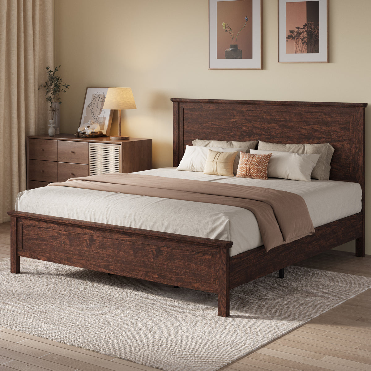 Amolife Bed Frame, Platform Bed Frame with Rustic Wood Headboard, Heavy Duty, No Box Spring Needed