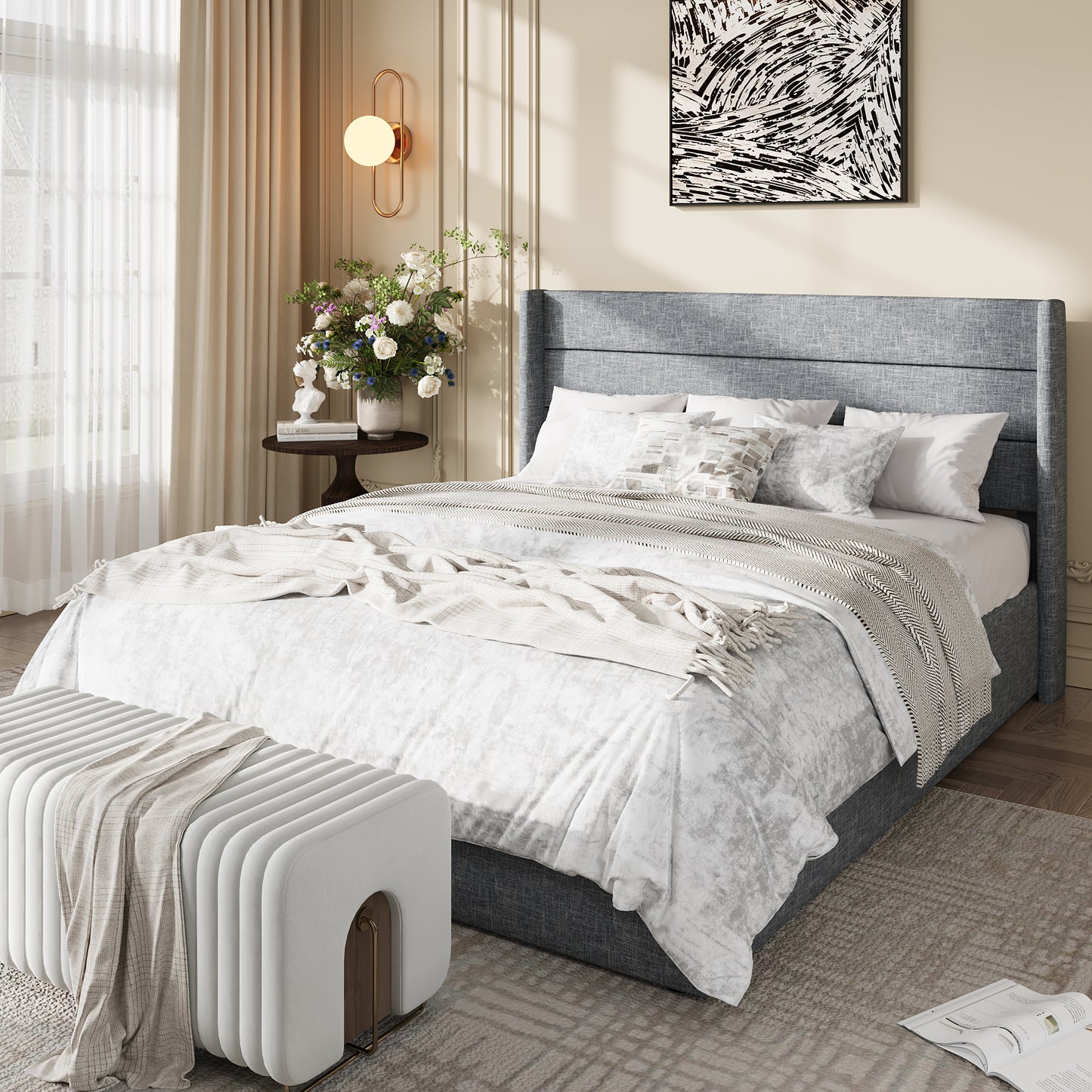 Amolife Lift Up Storage Bed Frame, Three-Panel Wingback Headboard, Ample Storage Space, No Box Spring Needed