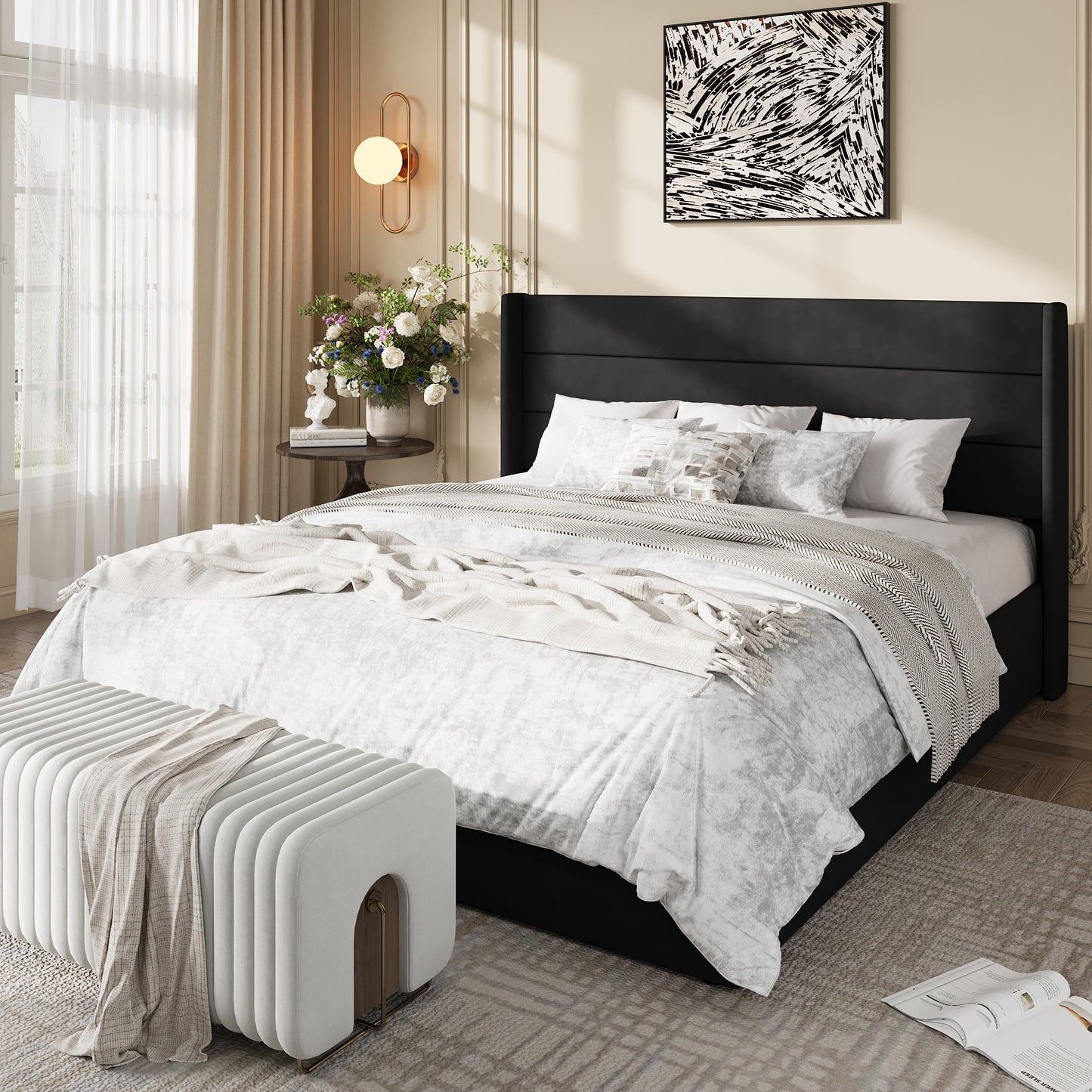 Amolife Lift Up Storage Bed Frame, Three-Panel Wingback Headboard, Ample Storage Space, No Box Spring Needed
