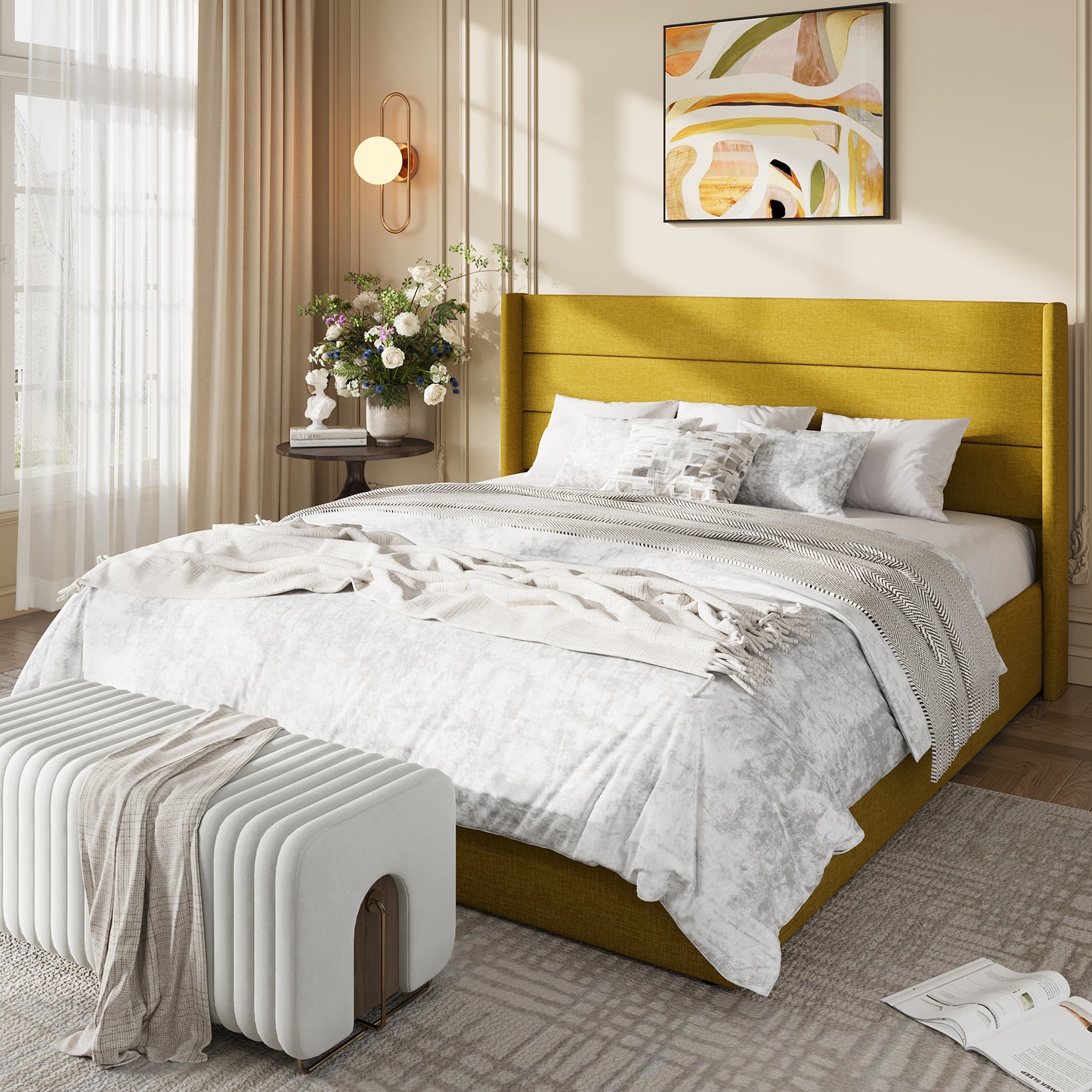 Amolife Lift Up Storage Bed Frame, Three-Panel Wingback Headboard, Ample Storage Space, No Box Spring Needed