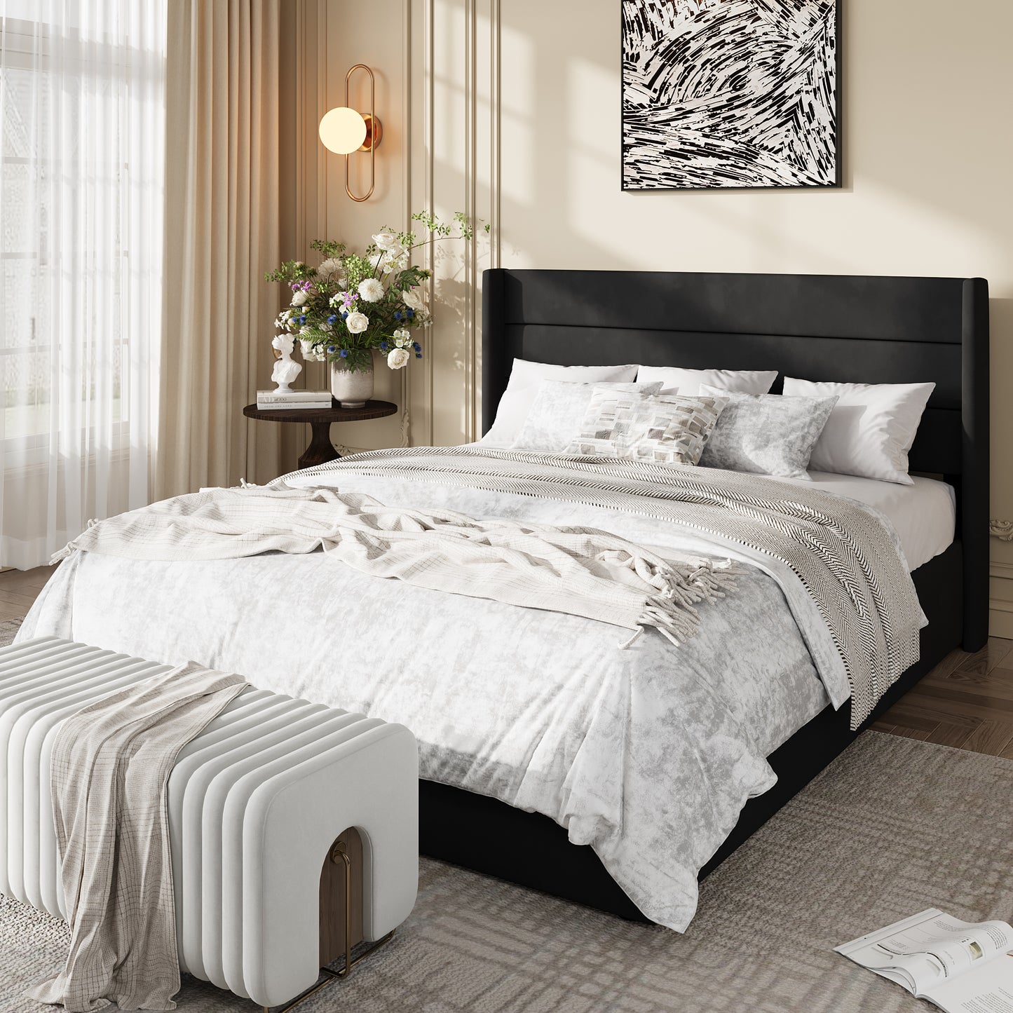 Amolife Lift Up Storage Bed Frame, Three-Panel Wingback Headboard, Ample Storage Space, No Box Spring Needed