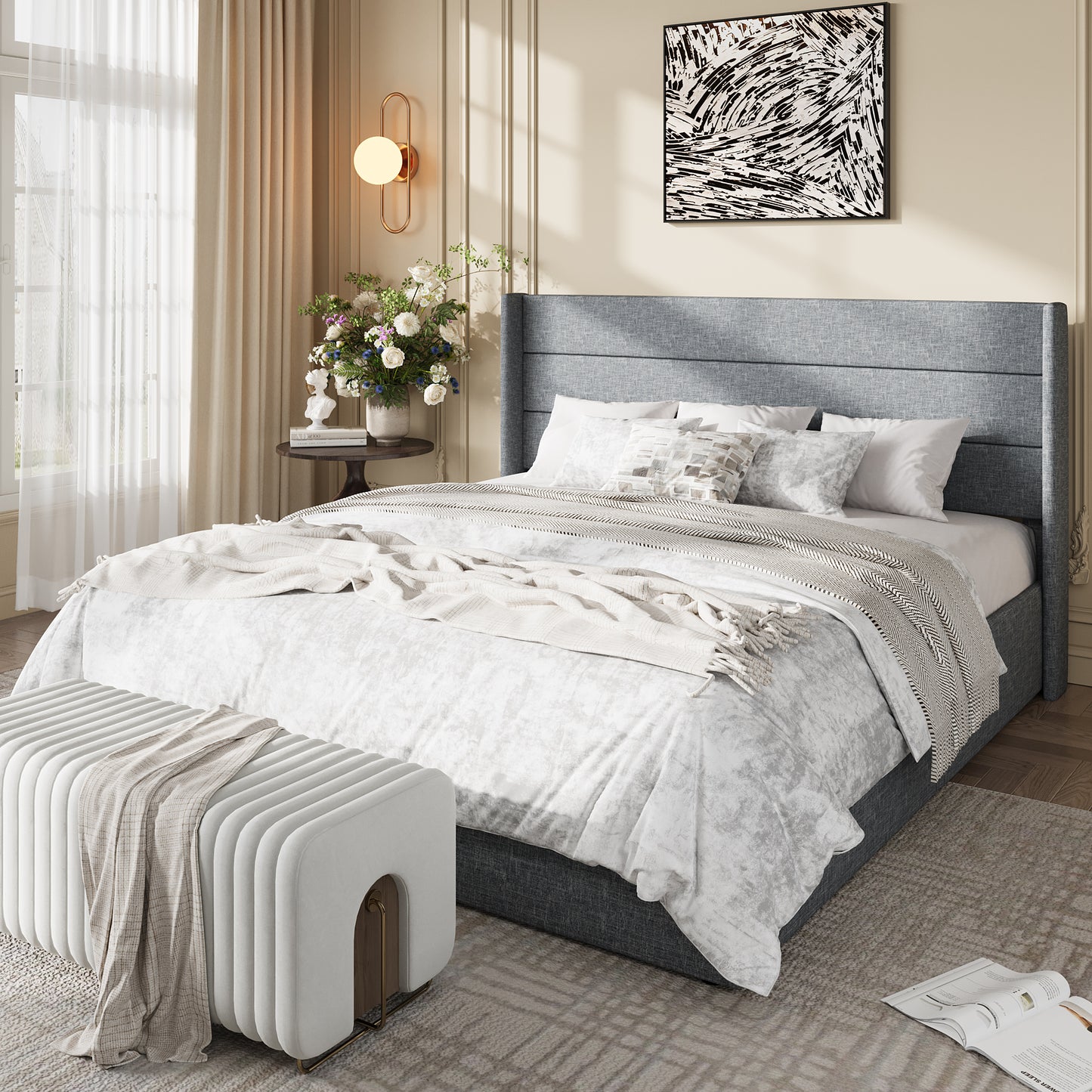 Amolife Lift Up Storage Bed Frame, Three-Panel Wingback Headboard, Ample Storage Space, No Box Spring Needed