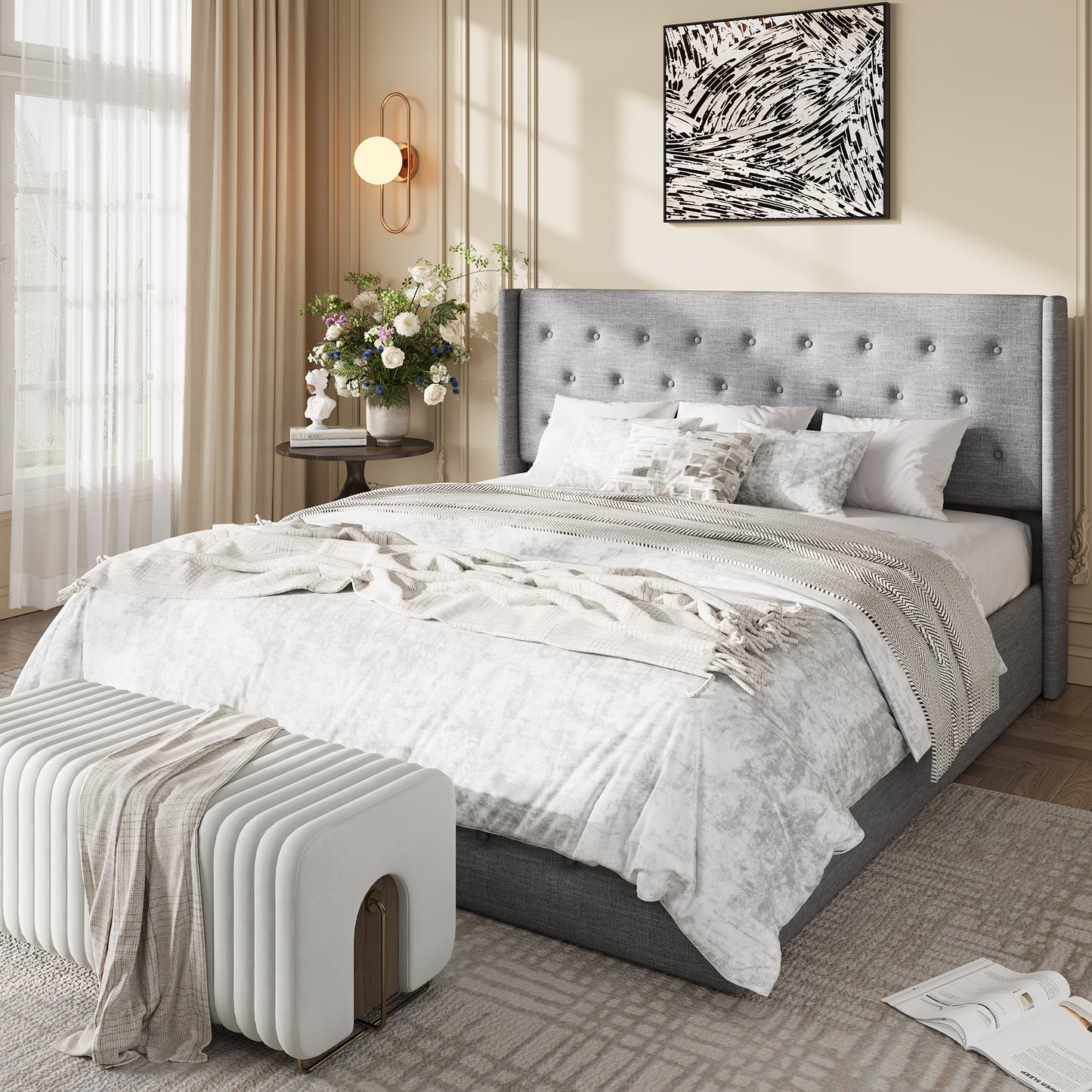 Amolife Lift Up Storage Bed Frame, Three-Panel Wingback Headboard, Ample Storage Space, No Box Spring Needed