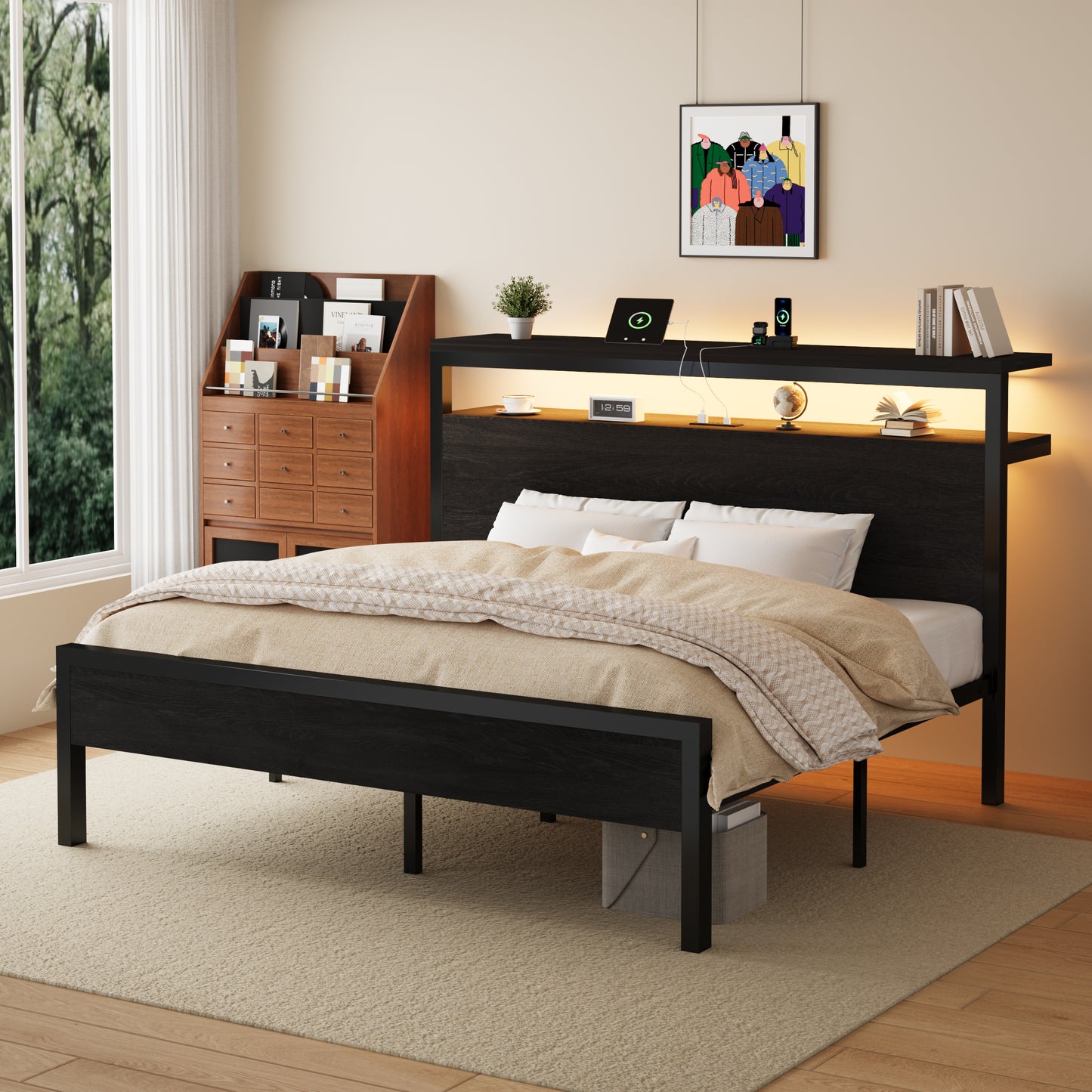 Amolife Metal Platform Bed Frame with RGB LED Storage Headboard, Charging Station & USB Ports, 2 Storage Shelves, 12" Under-Bed Storage Space, Heavy-Duty, Black