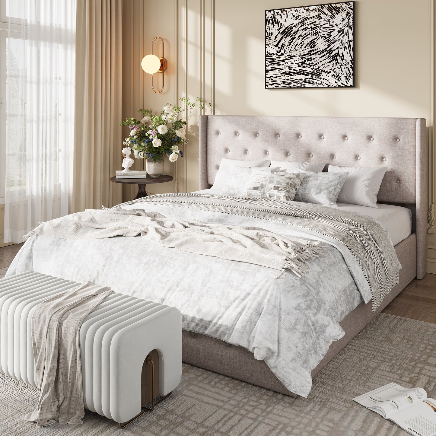 Amolife Lift Up Storage Bed Frame, Three-Panel Wingback Headboard, Ample Storage Space, No Box Spring Needed