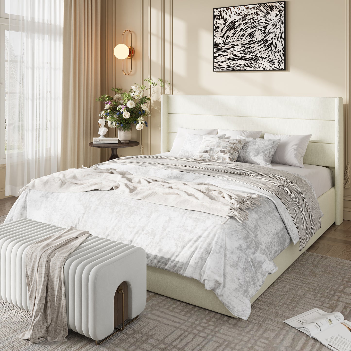 Amolife Lift Up Storage Bed Frame, Three-Panel Wingback Headboard, Ample Storage Space, No Box Spring Needed