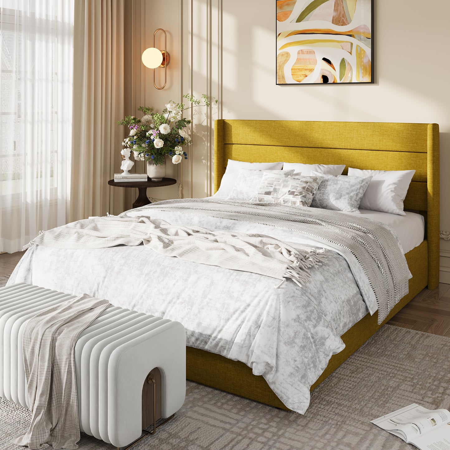 Amolife Lift Up Storage Bed Frame, Three-Panel Wingback Headboard, Ample Storage Space, No Box Spring Needed
