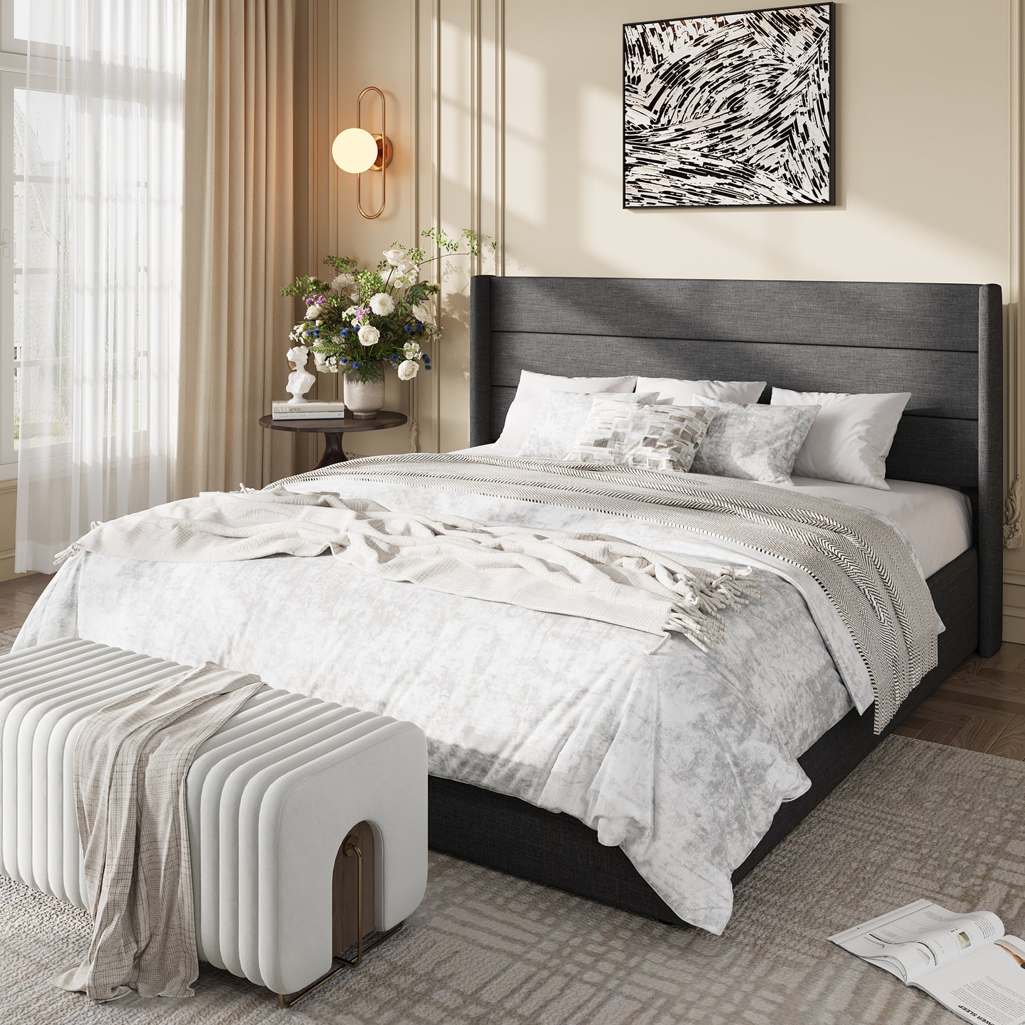 Amolife Lift Up Storage Bed Frame, Three-Panel Wingback Headboard, Ample Storage Space, No Box Spring Needed