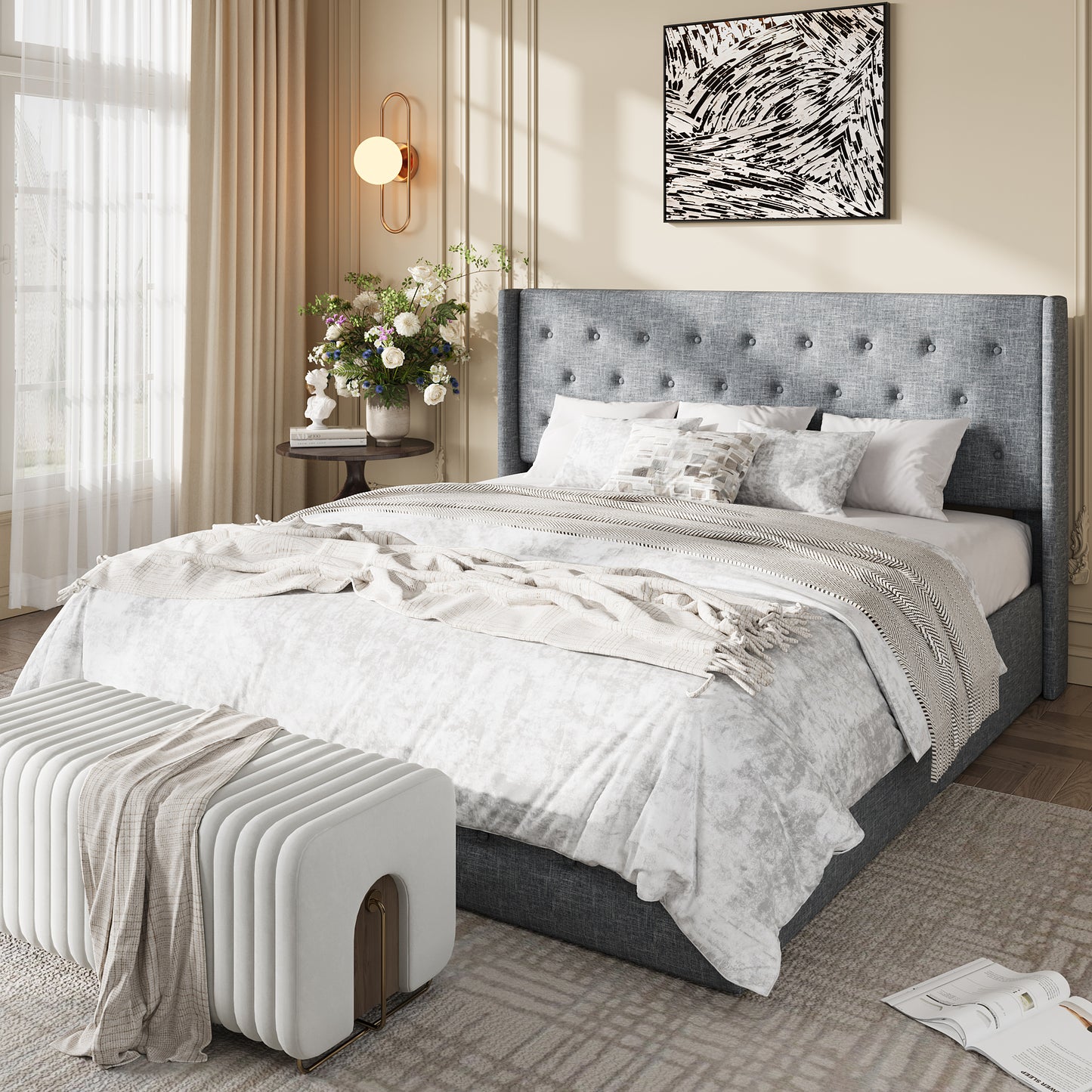 Amolife Lift Up Storage Bed Frame, Three-Panel Wingback Headboard, Ample Storage Space, No Box Spring Needed