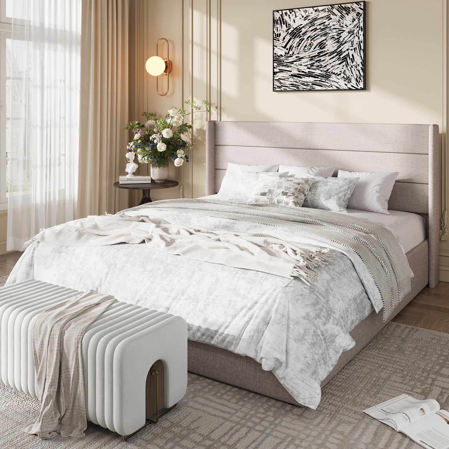 Amolife Lift Up Storage Bed Frame, Three-Panel Wingback Headboard, Ample Storage Space, No Box Spring Needed