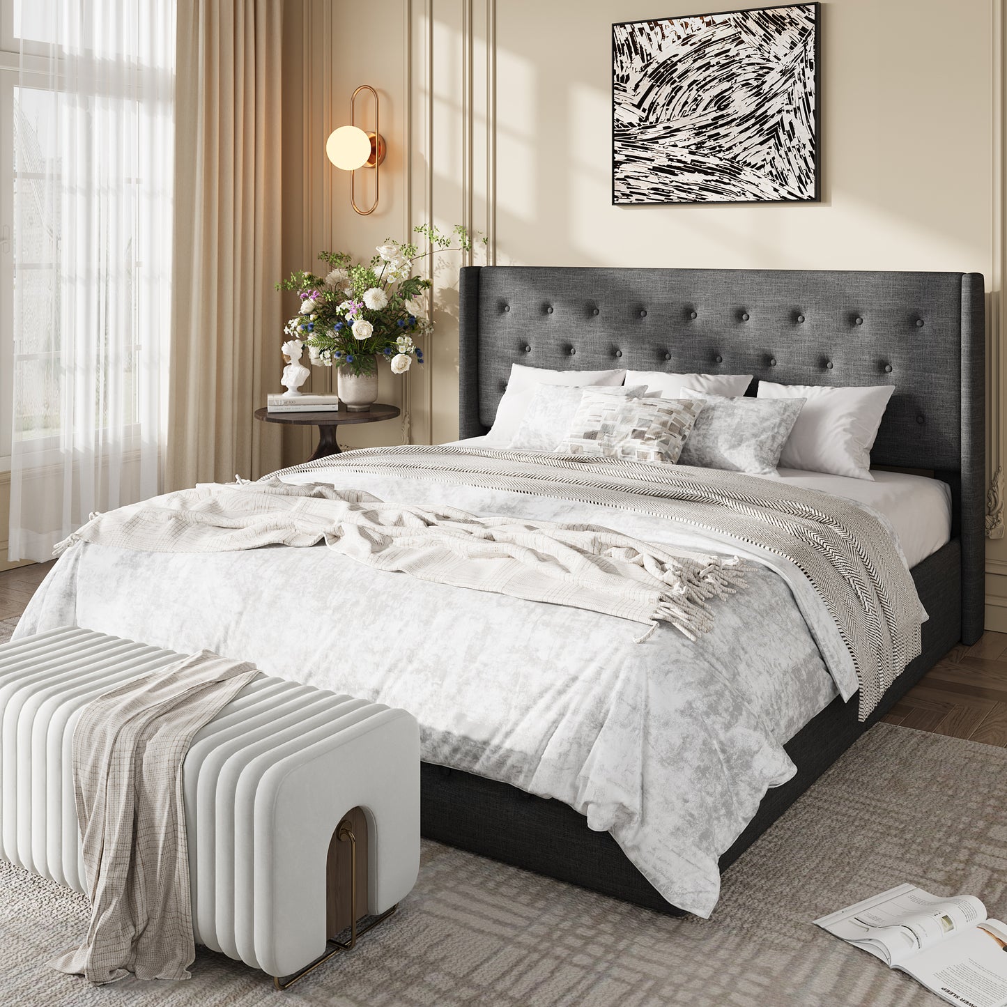 Amolife Lift Up Storage Bed Frame, Three-Panel Wingback Headboard, Ample Storage Space, No Box Spring Needed