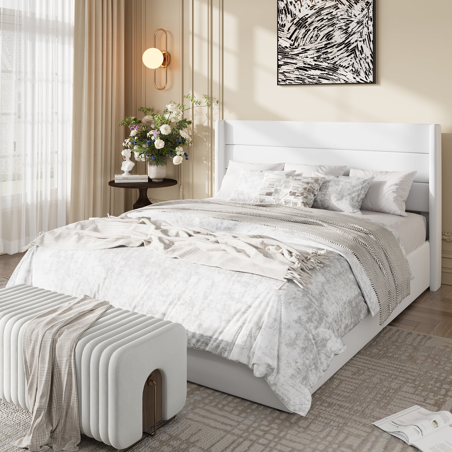 Amolife Lift Up Storage Bed Frame, Three-Panel Wingback Headboard, Ample Storage Space, No Box Spring Needed