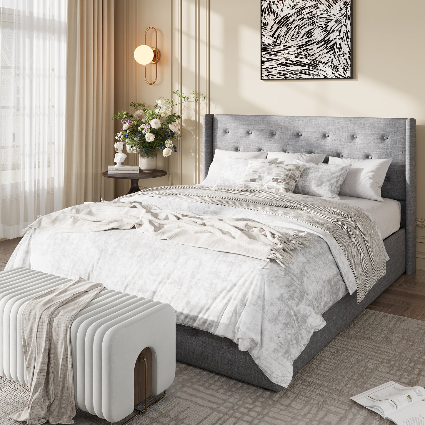 Amolife Lift Up Storage Bed Frame, Three-Panel Wingback Headboard, Ample Storage Space, No Box Spring Needed