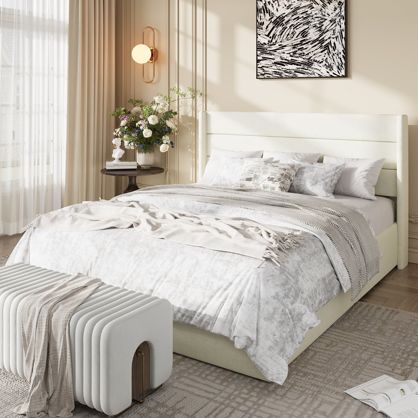 Amolife Lift Up Storage Bed Frame, Three-Panel Wingback Headboard, Ample Storage Space, No Box Spring Needed