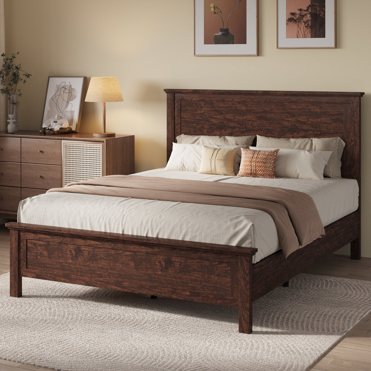 Amolife Bed Frame, Platform Bed Frame with Rustic Wood Headboard, Heavy Duty, No Box Spring Needed