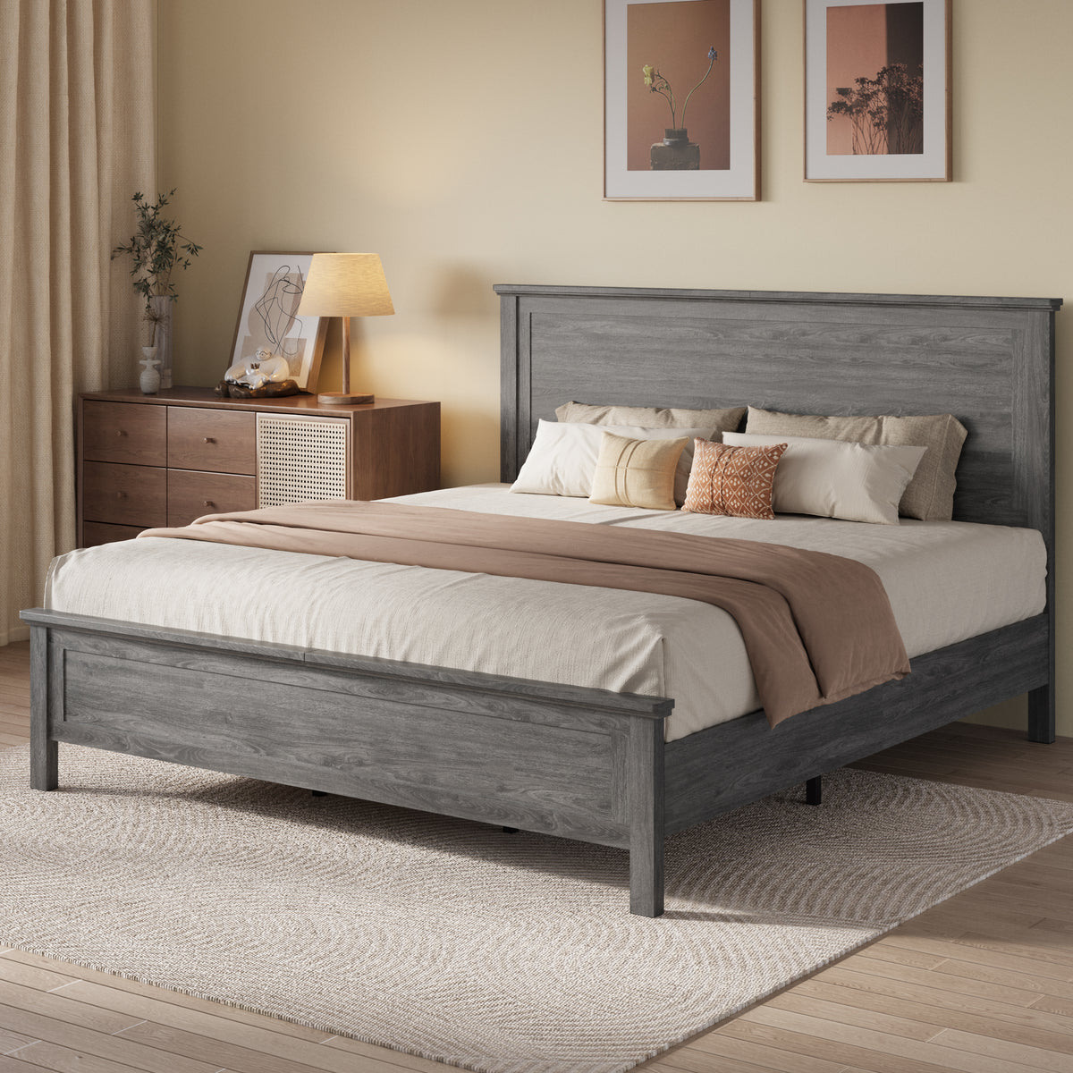 Amolife Bed Frame, Platform Bed Frame with Rustic Wood Headboard, Heavy Duty, No Box Spring Needed
