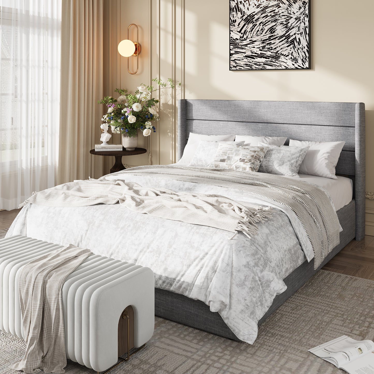 Amolife Lift Up Storage Bed Frame, Three-Panel Wingback Headboard, Ample Storage Space, No Box Spring Needed