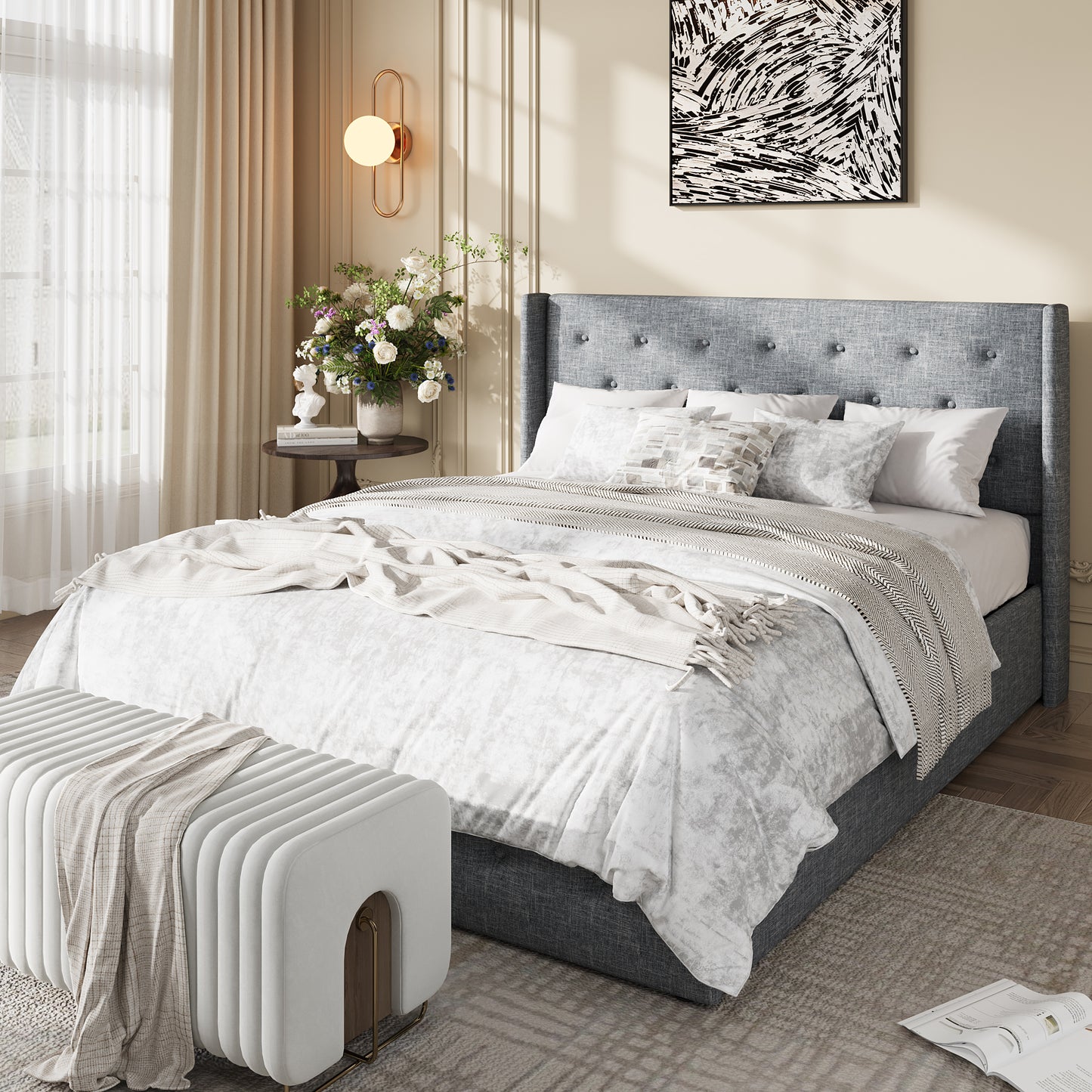 Amolife Lift Up Storage Bed Frame, Three-Panel Wingback Headboard, Ample Storage Space, No Box Spring Needed