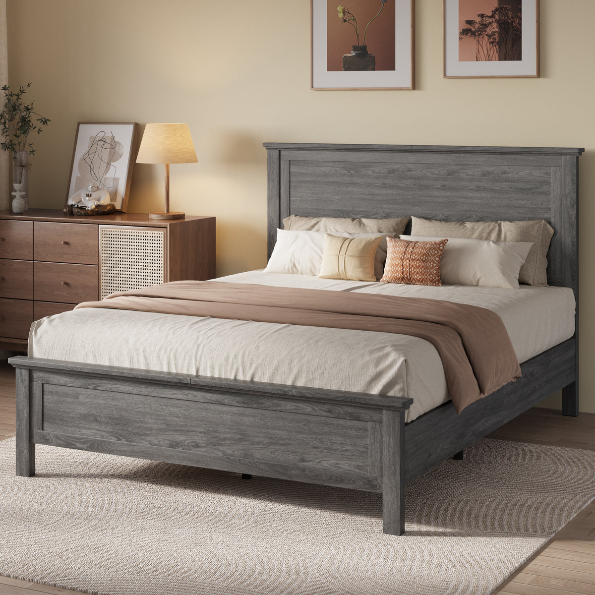 Amolife Bed Frame, Platform Bed Frame with Rustic Wood Headboard, Heavy Duty, No Box Spring Needed
