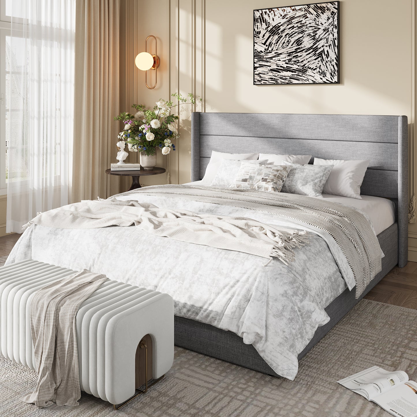 Amolife Lift Up Storage Bed Frame, Three-Panel Wingback Headboard, Ample Storage Space, No Box Spring Needed