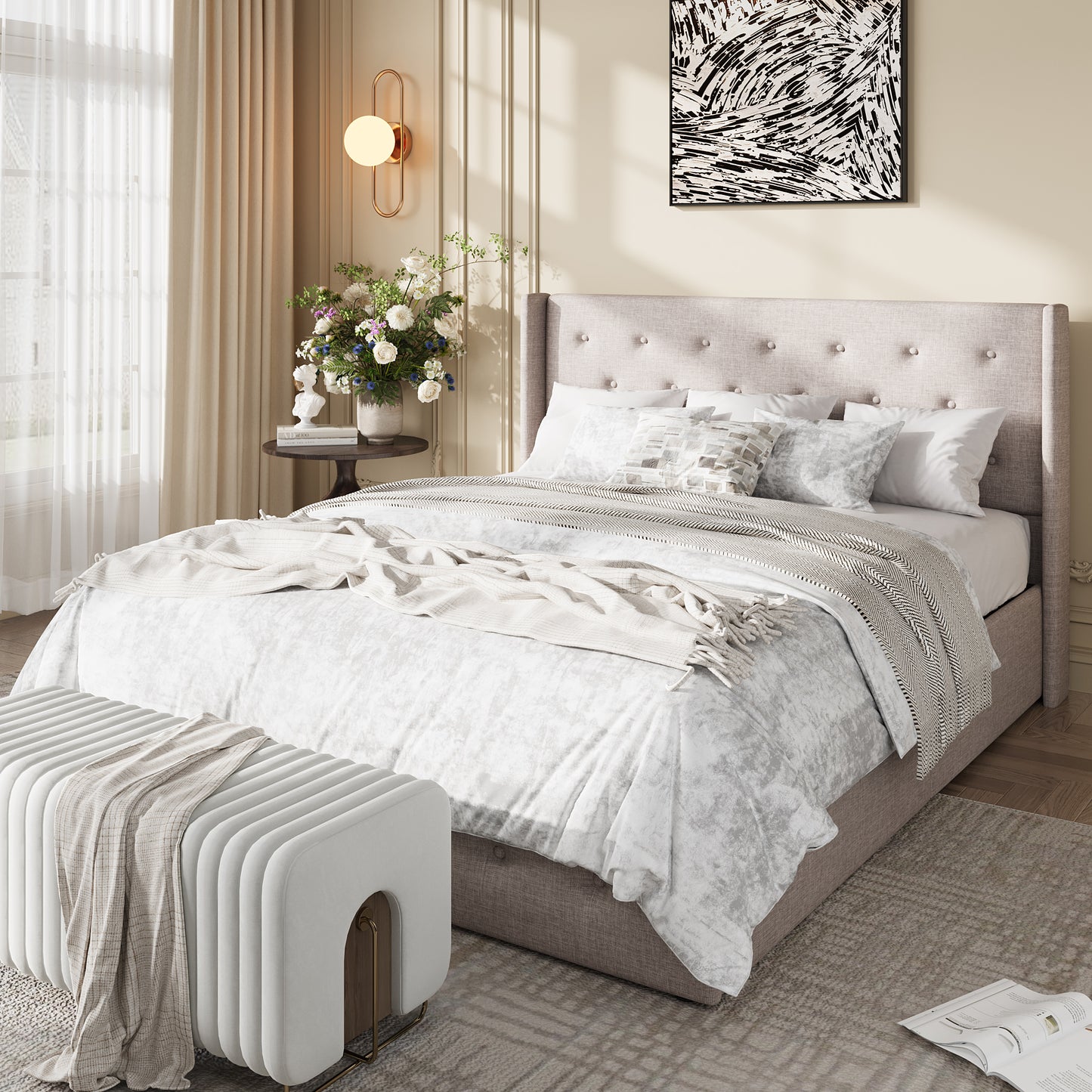 Amolife Lift Up Storage Bed Frame, Three-Panel Wingback Headboard, Ample Storage Space, No Box Spring Needed
