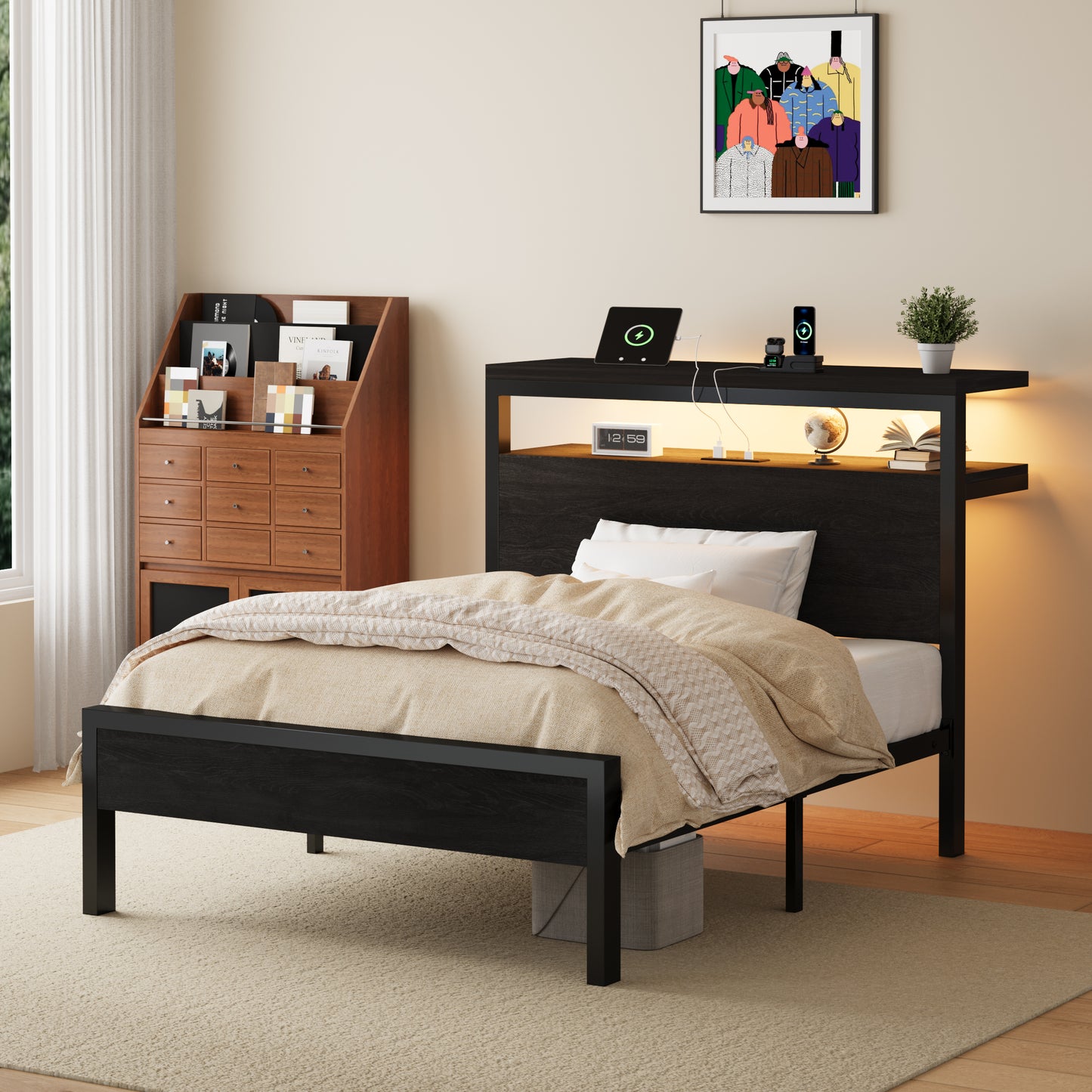 Amolife Metal Platform Bed Frame with RGB LED Storage Headboard, Charging Station & USB Ports, 2 Storage Shelves, 12" Under-Bed Storage Space, Heavy-Duty, Black